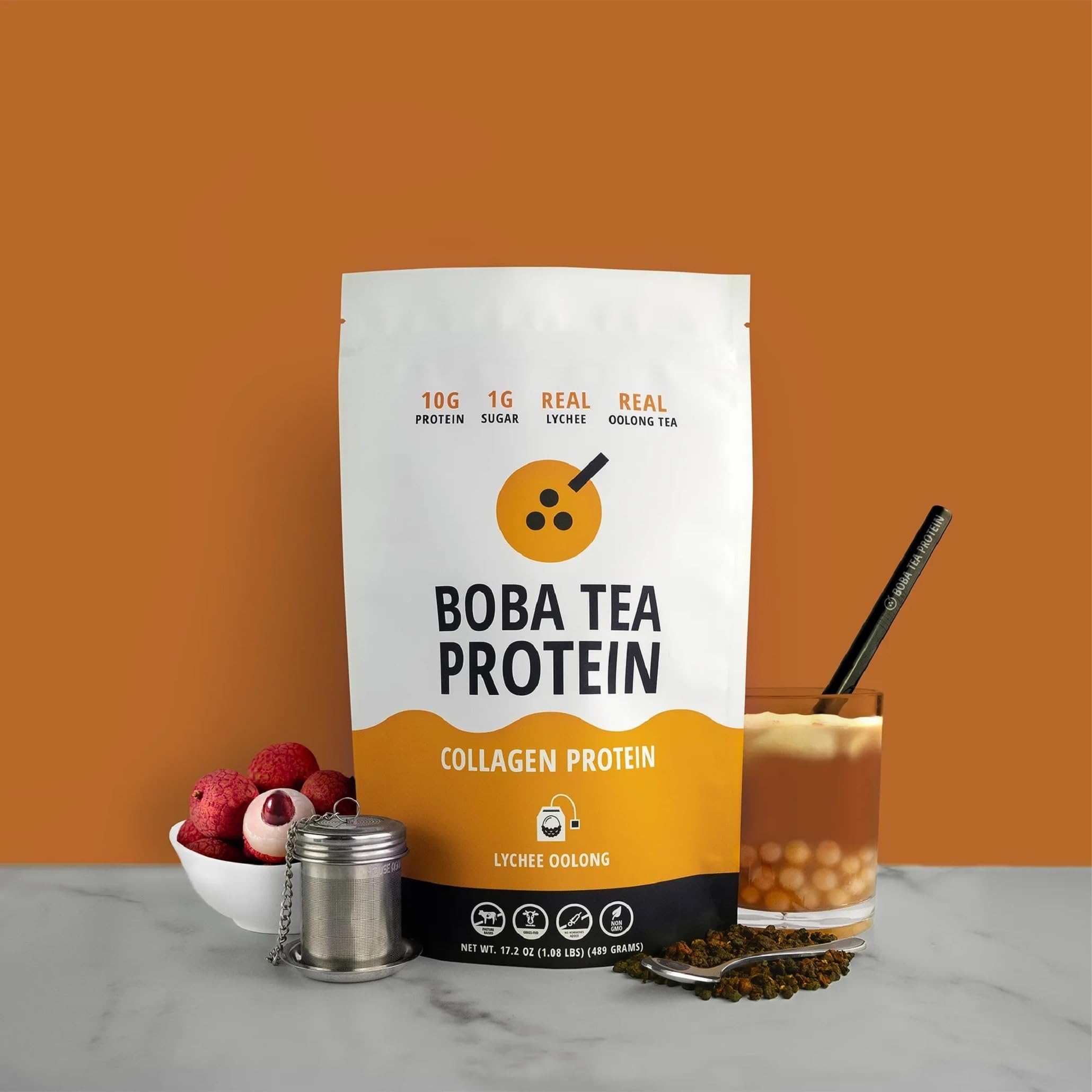 Boba Tea Protein Lychee Oolong Collagen | 30 Servings | Grass-Fed Hydrolyzed Bovine Collagen Powder