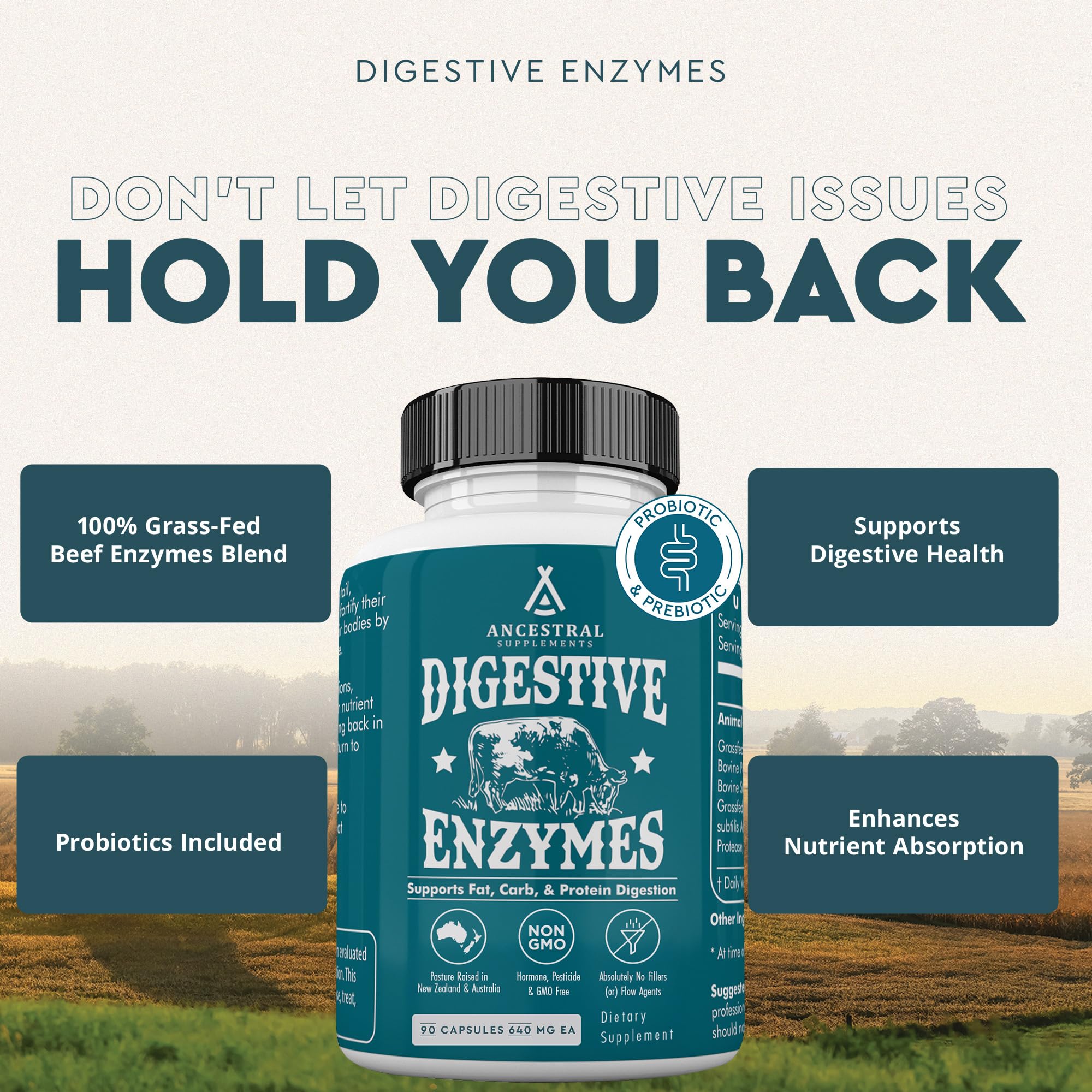 Ancestral Supplements Digestive Enzymes for Women & Men – Probiotics & Grass-Fed Organs, 90 Capsules