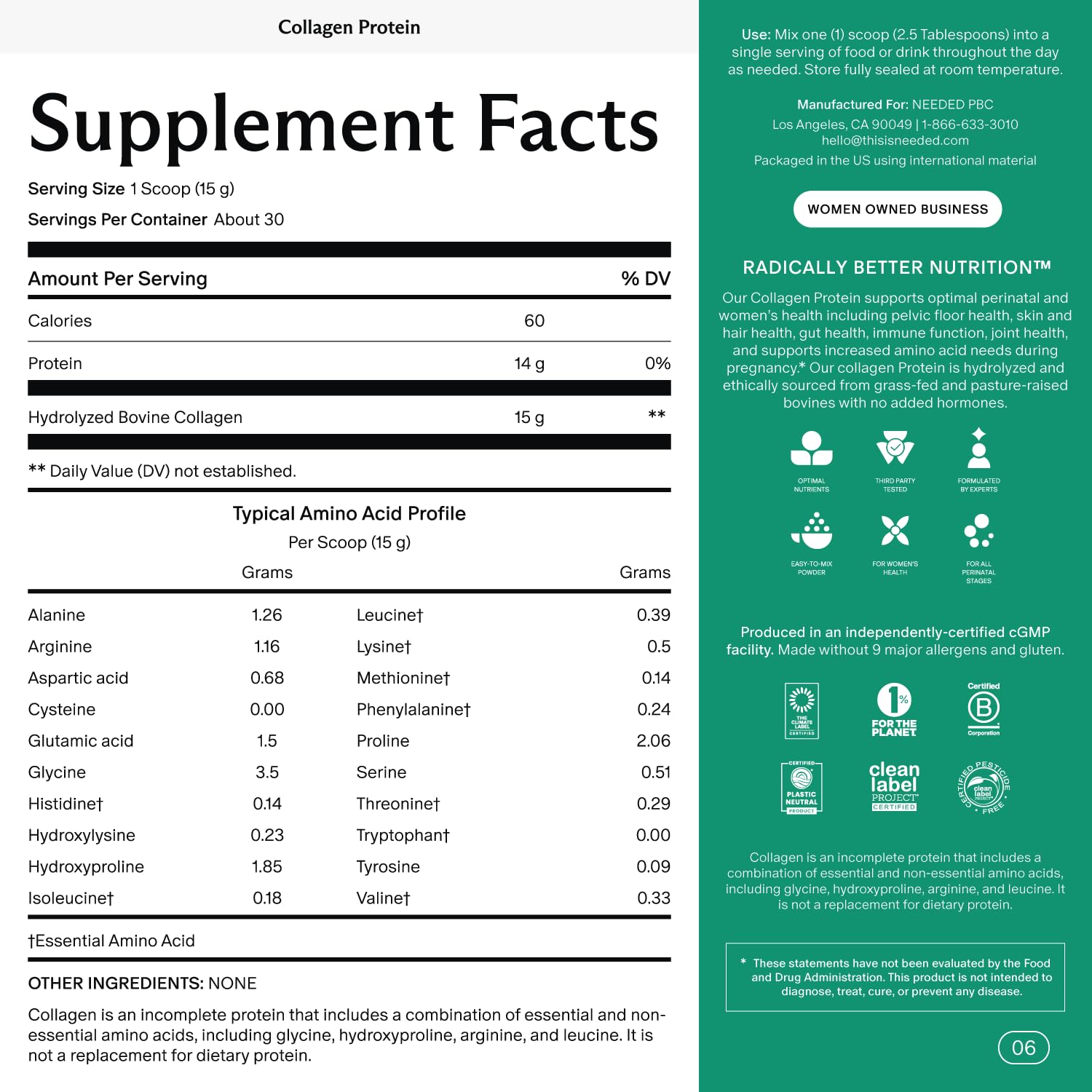 Needed Hydrolyzed Collagen Protein Powder – Grass-Fed, Hormone-Free, 1lb