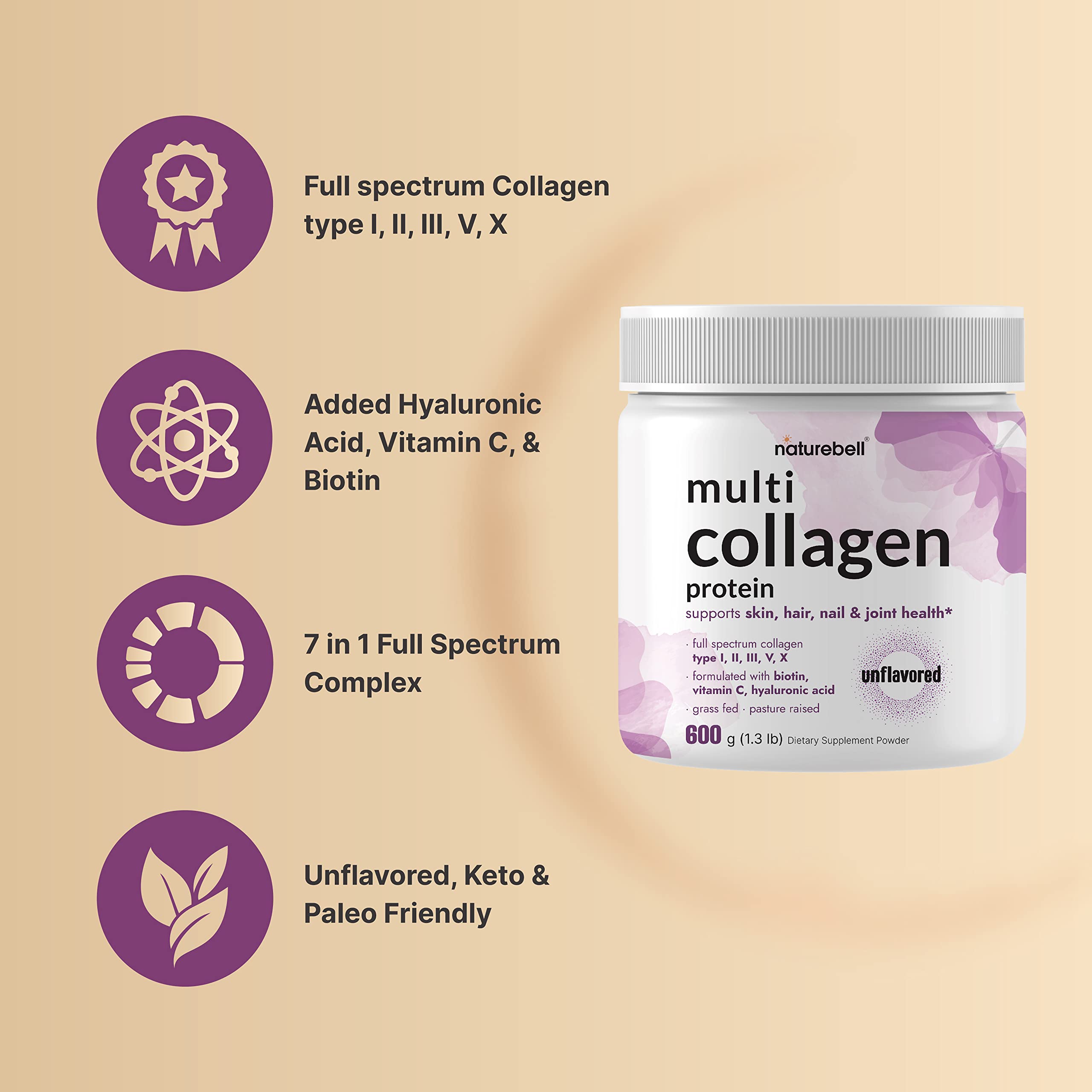 Multi Collagen Protein Powder 600g - 5 Types I/II/III/V/X, Biotin & Vitamin C