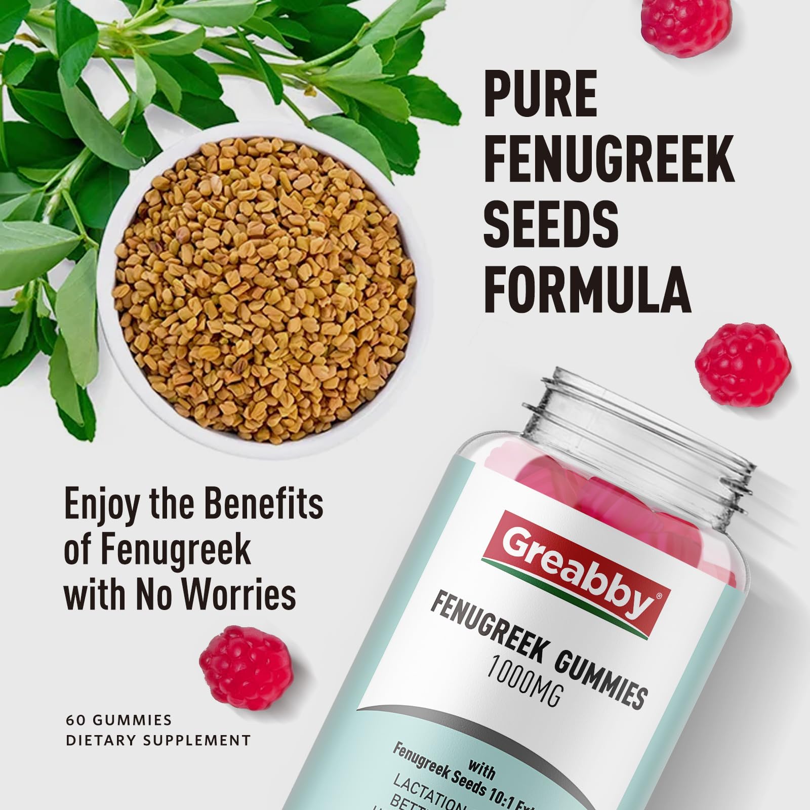 GREABBY Fenugreek Gummies 1000mg – Lactation Support, Non-GMO