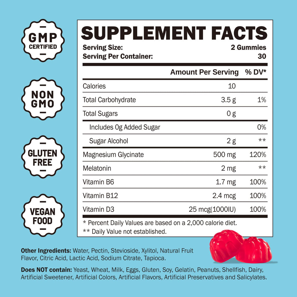 Greabby Magnesium Glycinate Gummies 500mg – Sleep Support for Adults (60 Gummies)