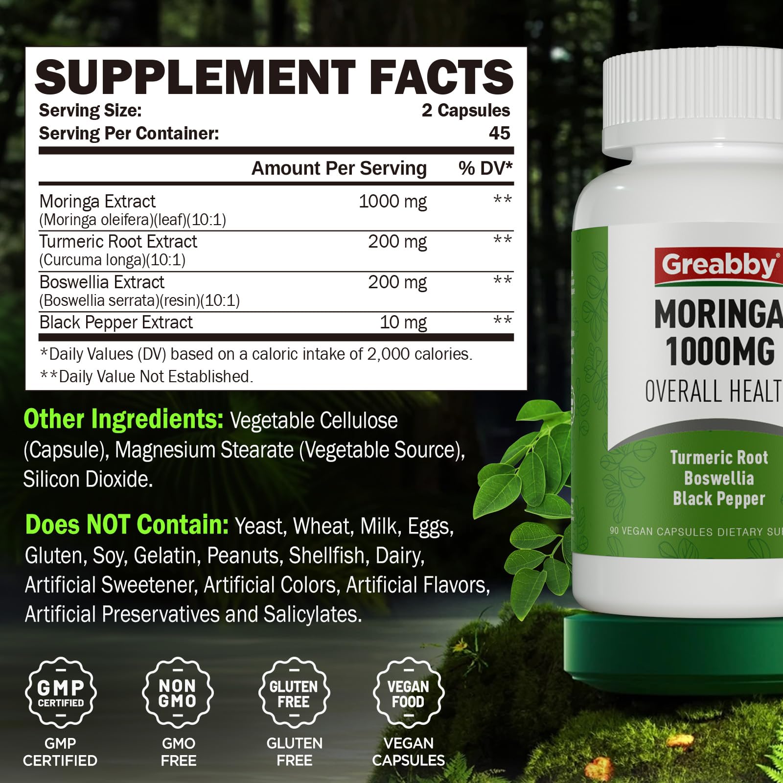 GREABBY Moringa Capsules with Turmeric & Boswellia – Immune, Joint & Digestive Health, 90 Small Vegan Capsules