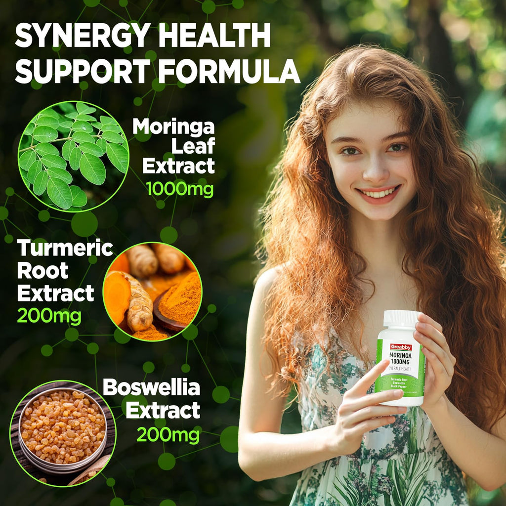 GREABBY Moringa Capsules with Turmeric & Boswellia – Immune, Joint & Digestive Health, 90 Small Vegan Capsules