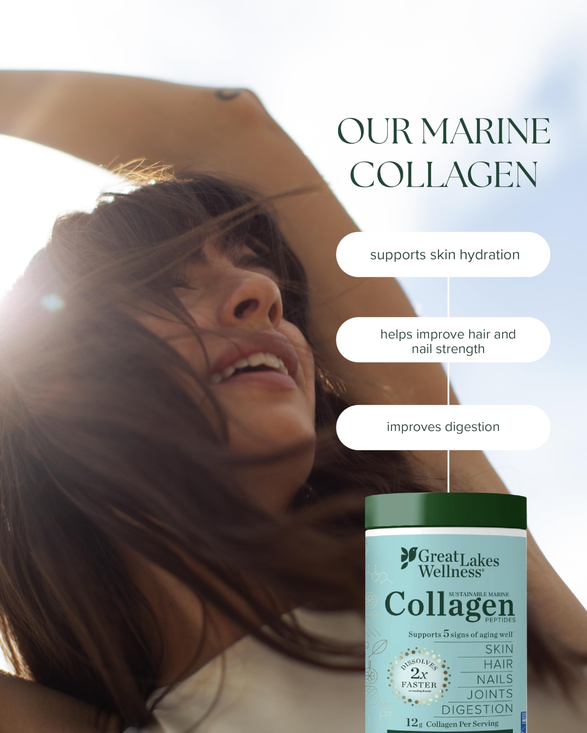 Great Lakes Wellness Marine Collagen Peptides Powder – Unflavored, 16 oz (Wild-Caught, MSC Certified)