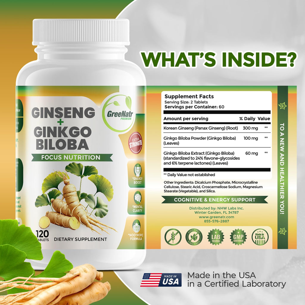 GreeNatr Ginkgo Biloba & Panax Ginseng – 120 Tablets | Brain Health