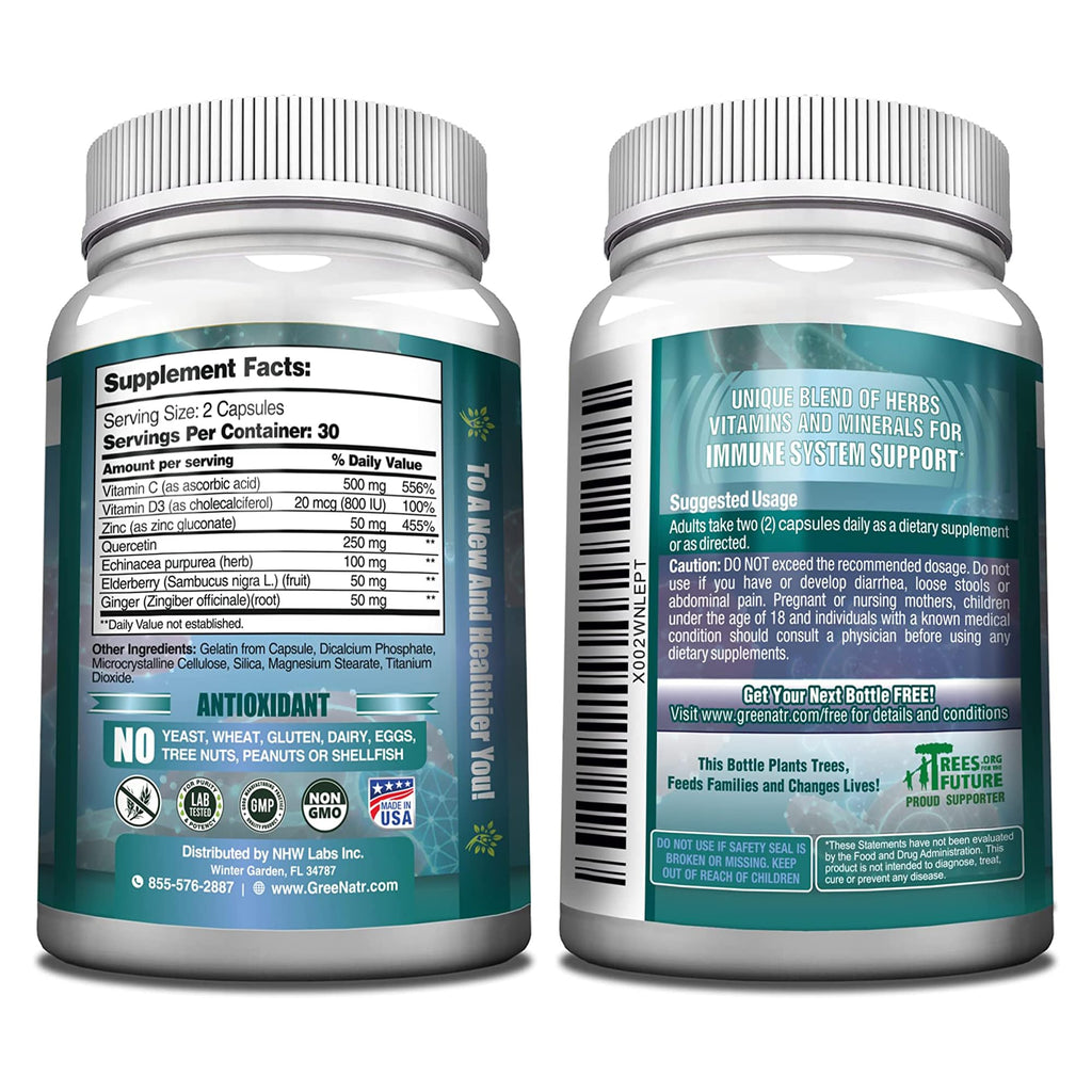 GreeNatr Immune Support – Vitamin C, D3, Zinc 50mg, Quercetin, Elderberry, Ginger, 60 Capsules