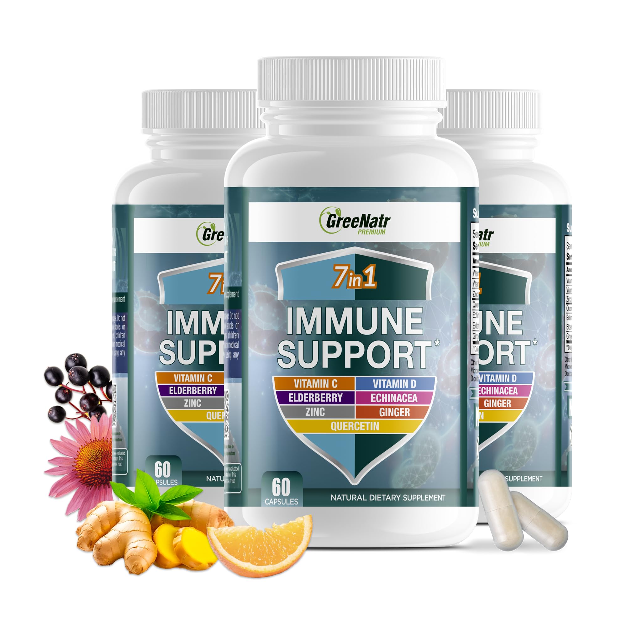 GreeNatr Immune Support – Vitamin C, D3, Zinc 50mg, Quercetin, Echinacea, Elderberry – 60 Capsules