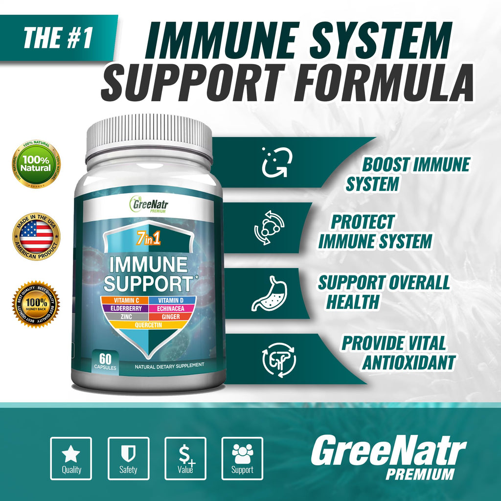 GreeNatr Immune Support – Vitamin C, D3, Zinc 50mg, Quercetin, Echinacea, Elderberry – 60 Capsules