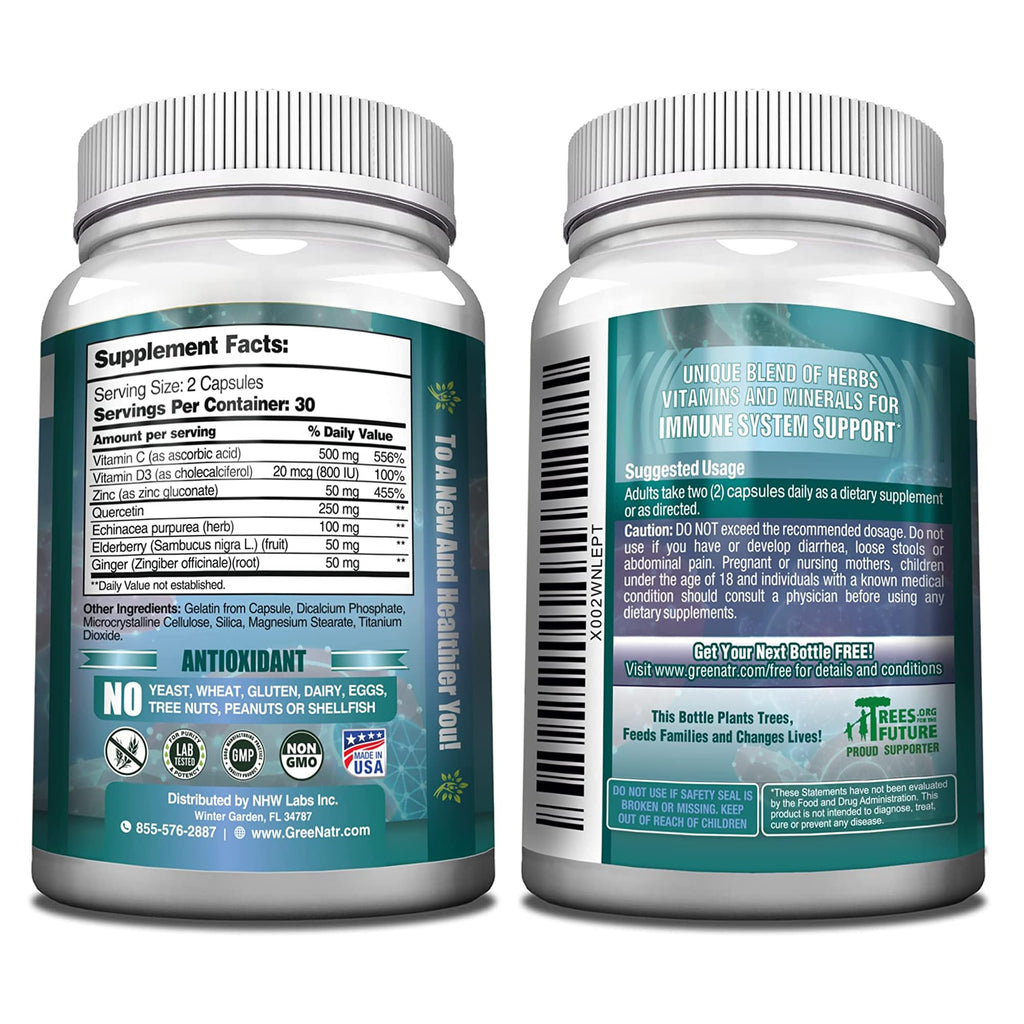 GreeNatr Immune Support – Vitamin C, D3, Zinc 50mg, Quercetin, Echinacea, Elderberry – 60 Capsules