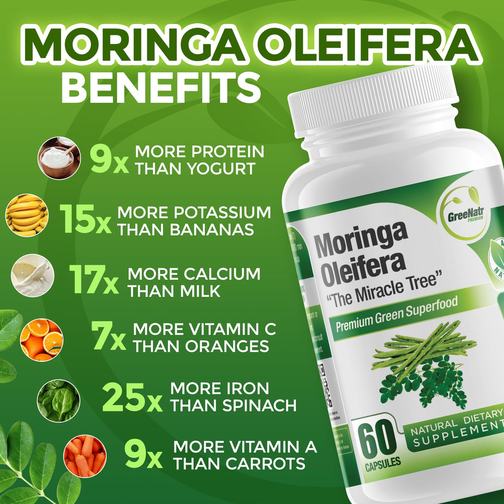 GreeNatr Pure Moringa Oleifera Capsule 1000 mg | Natural Energy & Focus | Premium Green Superfood (3 Bottles)