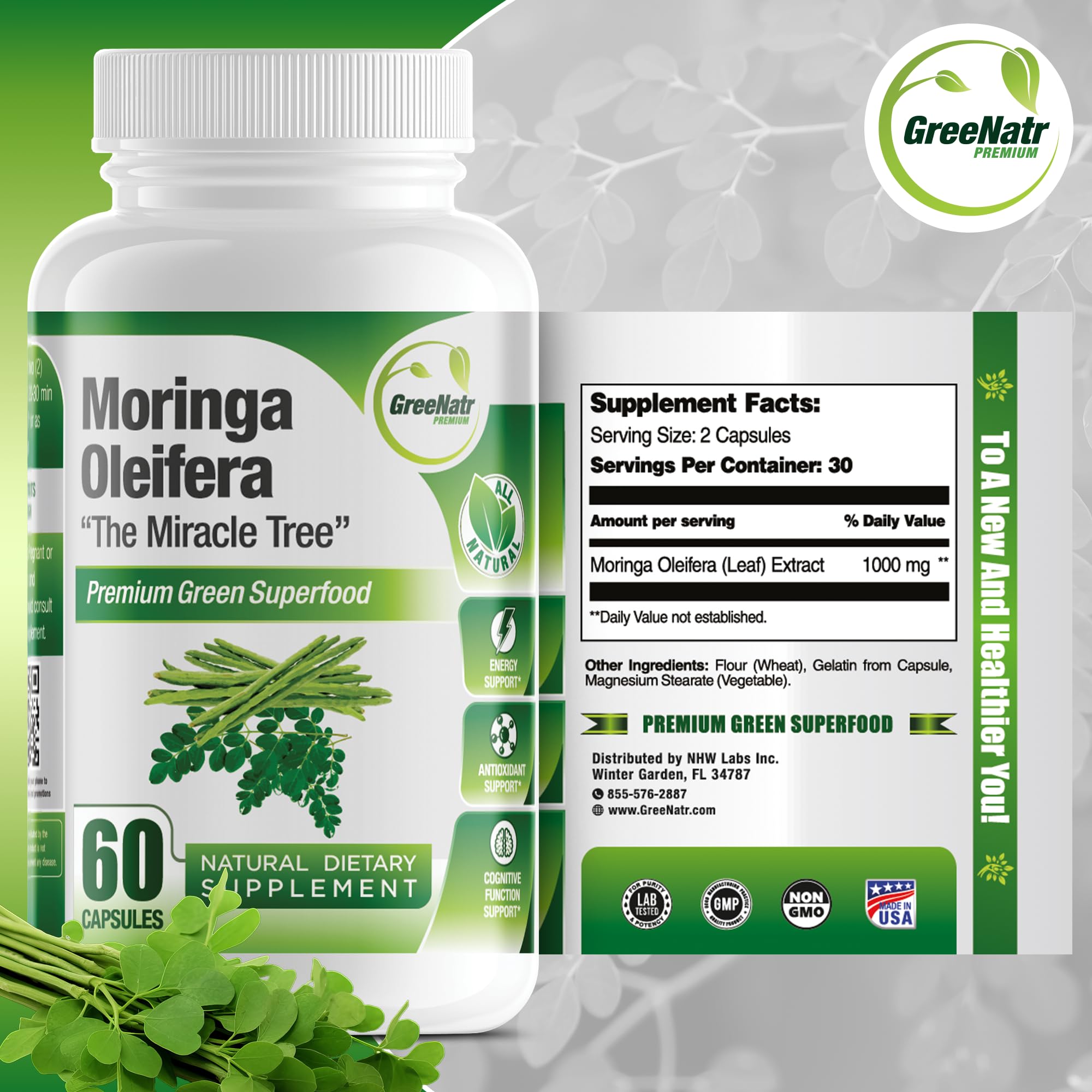 GreeNatr Pure Moringa Oleifera Capsule 1000 mg | Natural Energy & Focus | Premium Green Superfood (3 Bottles)