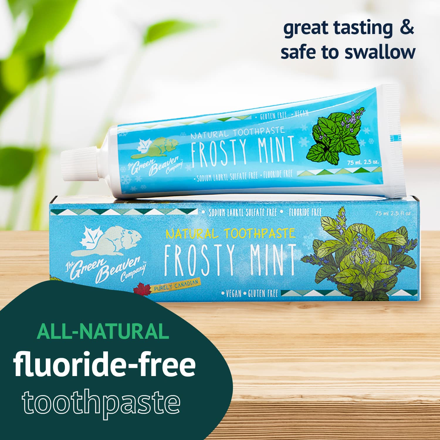 Green Beaver All Natural Toothpaste – Vegan, Fluoride Free, Gluten Free – Frosty Mint 75ml (3 Pack)