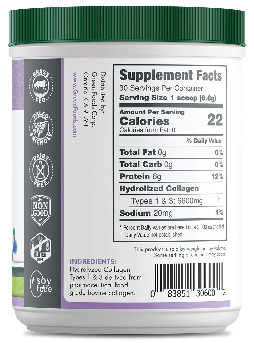 Green Foods Grass-Fed Hydrolyzed Collagen Peptides Protein Powder 7oz | 30 Servings