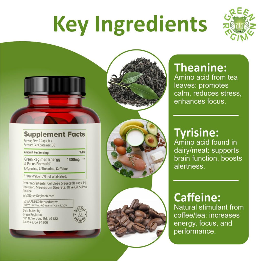 Green Regimen Energy & Focus Capsules - Natural Nootropic Supplement for Sustained Mental Clarity, Enhanced Concentration & Alertness - No Crash, Vegan, Non-GMO - 60 Caps