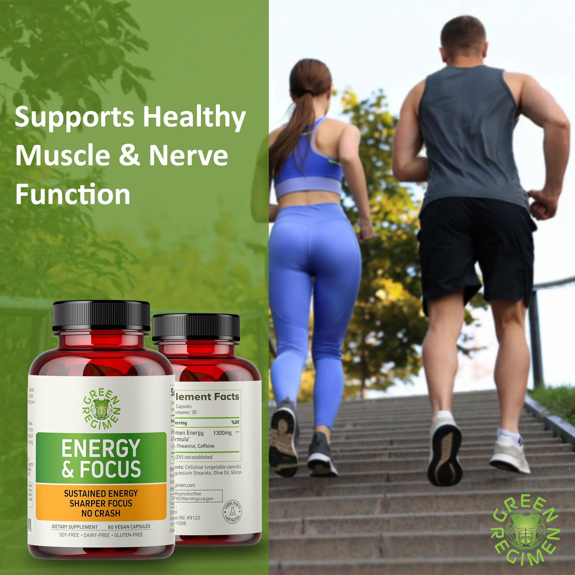Green Regimen Energy & Focus Capsules - Natural Nootropic Supplement for Sustained Mental Clarity, Enhanced Concentration & Alertness - No Crash, Vegan, Non-GMO - 60 Caps