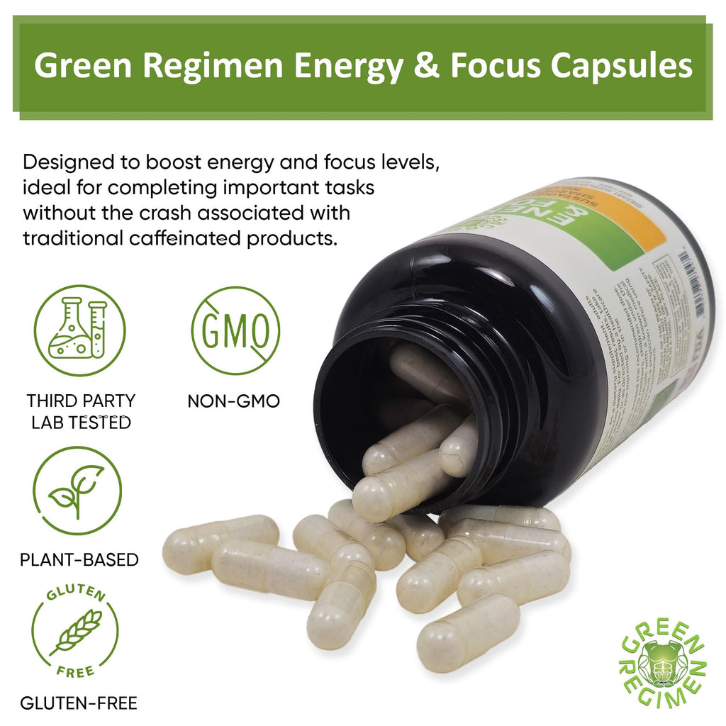 Green Regimen Energy & Focus Capsules - Natural Nootropic Supplement for Sustained Mental Clarity, Enhanced Concentration & Alertness - No Crash, Vegan, Non-GMO - 60 Caps