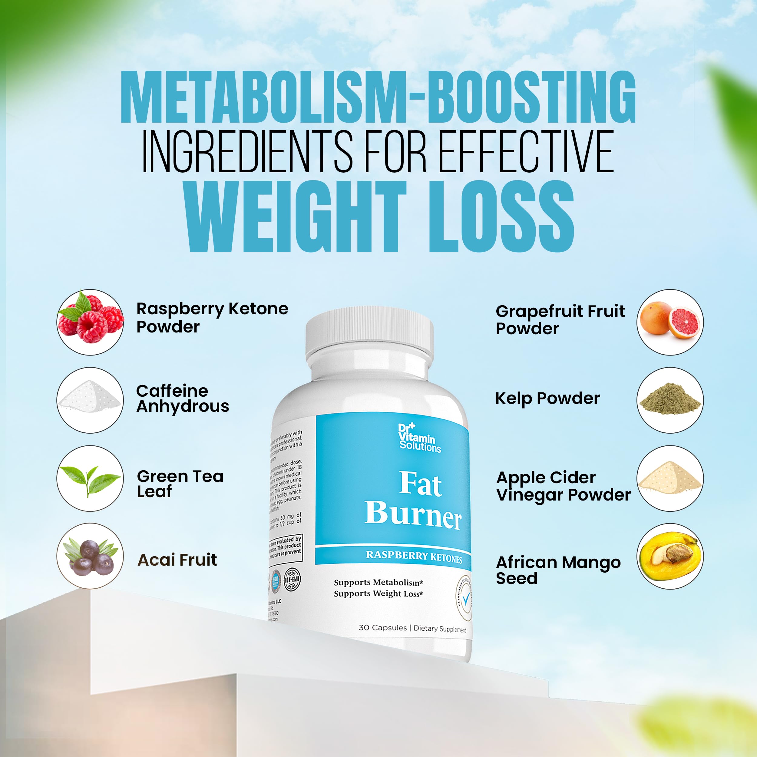 DR VITAMIN SOLUTIONS Fat Burner for Women with GLP-1 Support - Weight Loss Supplements with Raspberry Ketone Powder, Green Tea, Kelp - Natural Weight Loss Pills for Women & Men - 30 Diet Pills