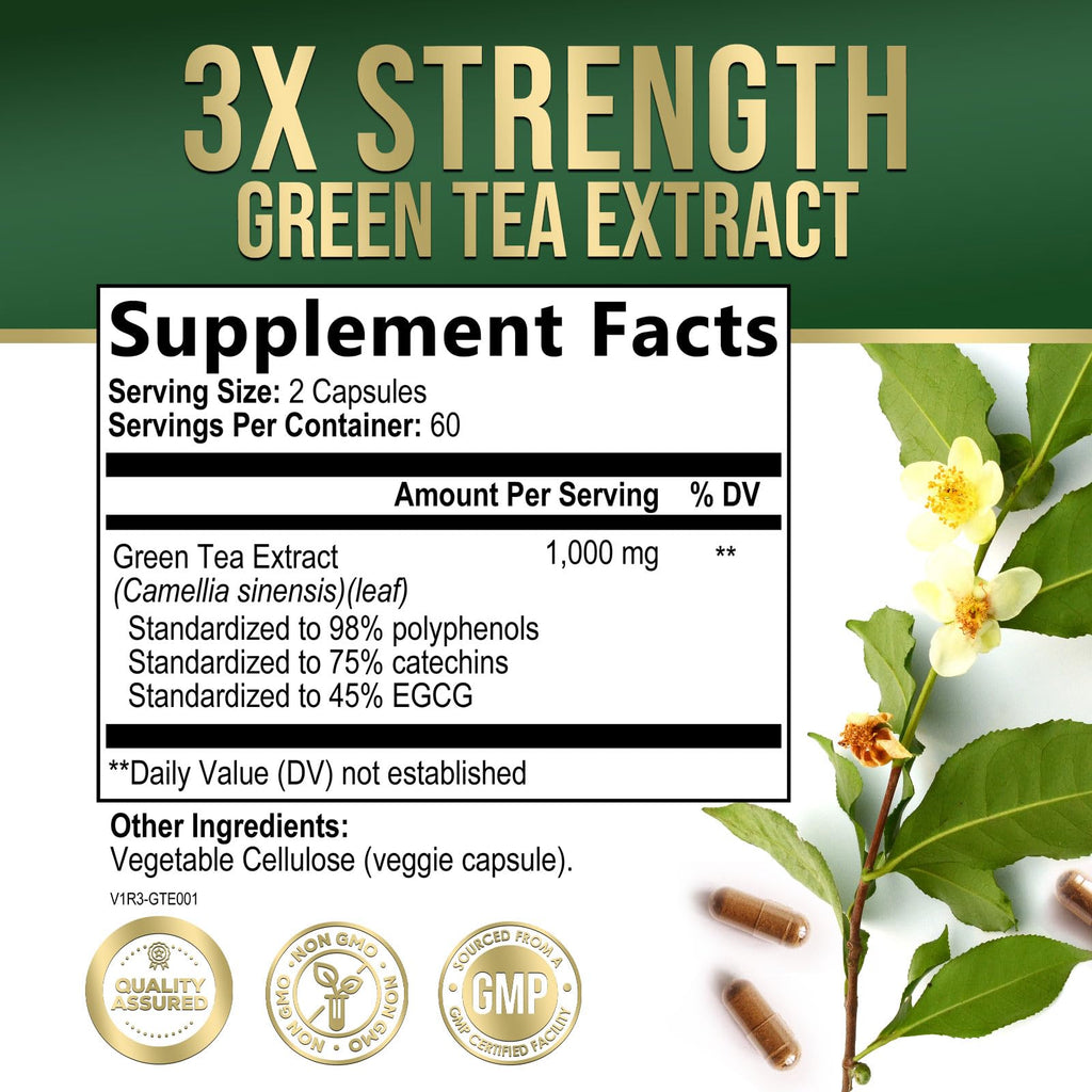 Green Tea Extract Capsules 1000 mg – 3X Strength, 45% EGCG & 98% Polyphenols | 120 Capsules