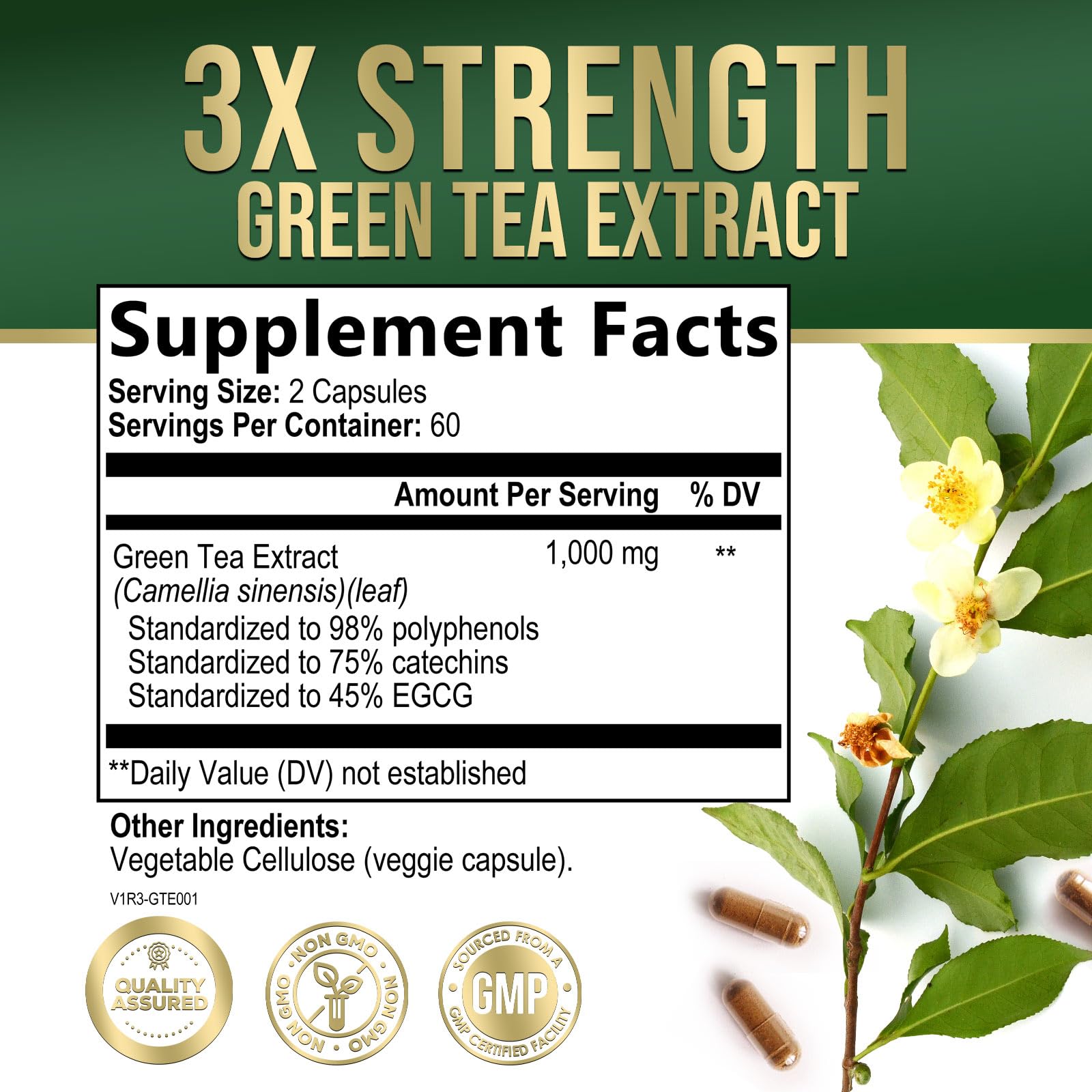 Green Tea Extract Capsules 1000 mg – 3X Strength, 45% EGCG & 98% Polyphenols | 120 Capsules
