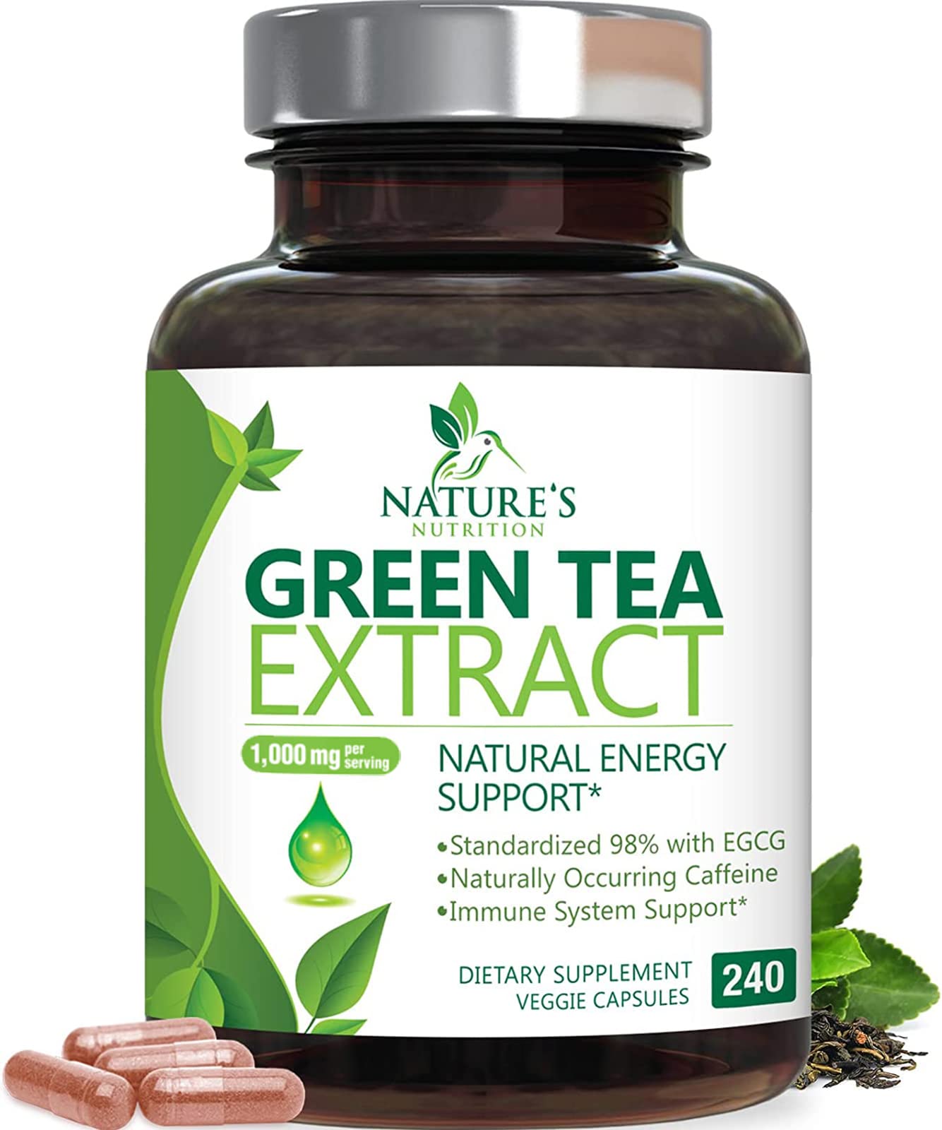 Green Tea Extract Capsules 1000 mg | 45% EGCG & 98% Polyphenols | 3X Strength | Vegan, Non-GMO, 240 Capsules