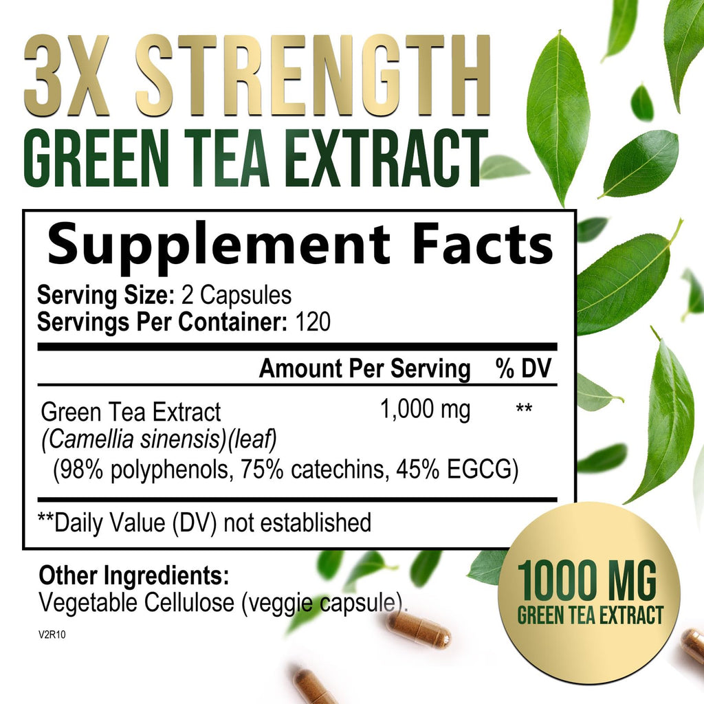 Green Tea Extract Capsules 1000 mg | 45% EGCG & 98% Polyphenols | 3X Strength | Vegan, Non-GMO, 240 Capsules
