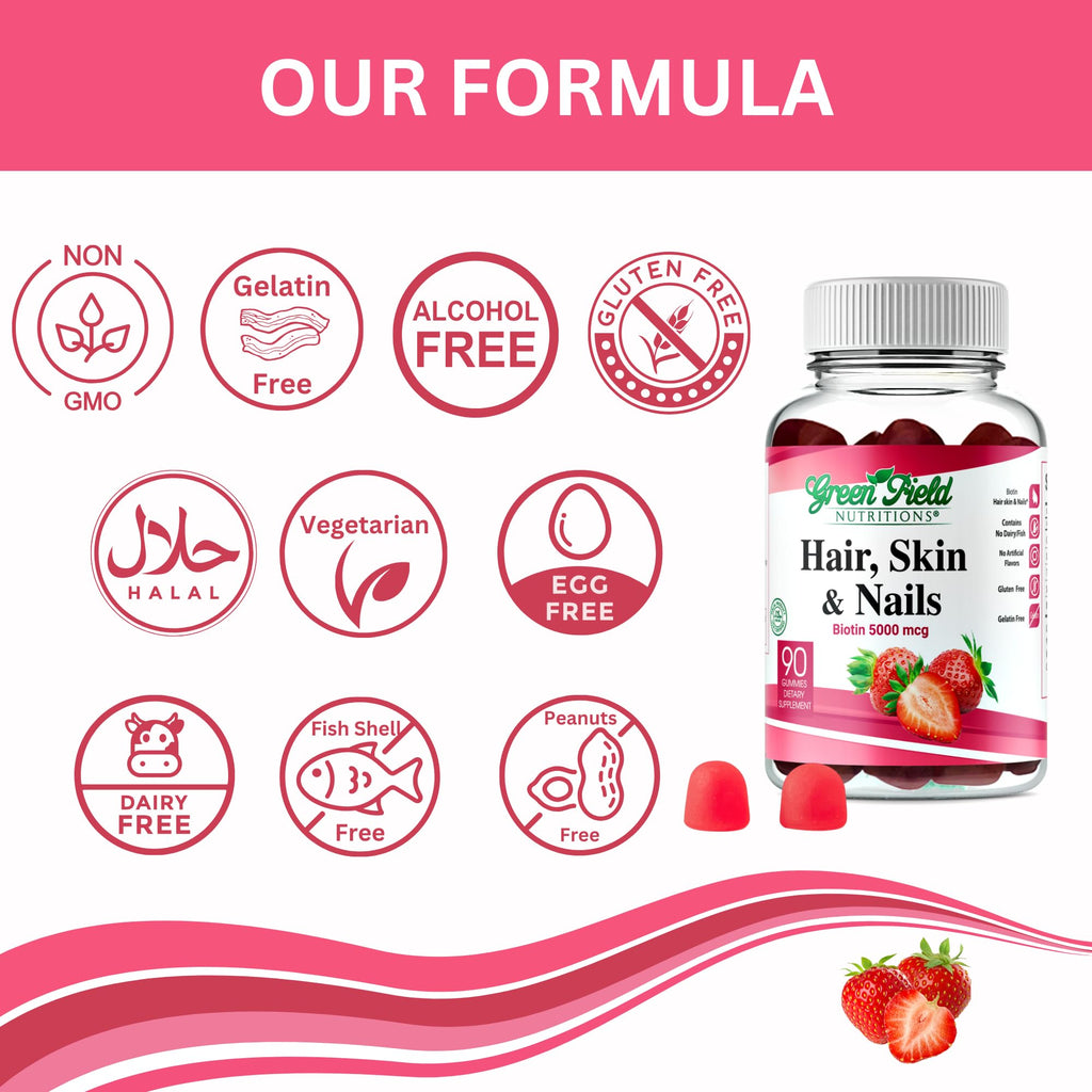 Greenfield Nutrition Halal Biotin Gummies – Hair, Skin & Nails, 5000 mcg per Gummy, 90 Gummies