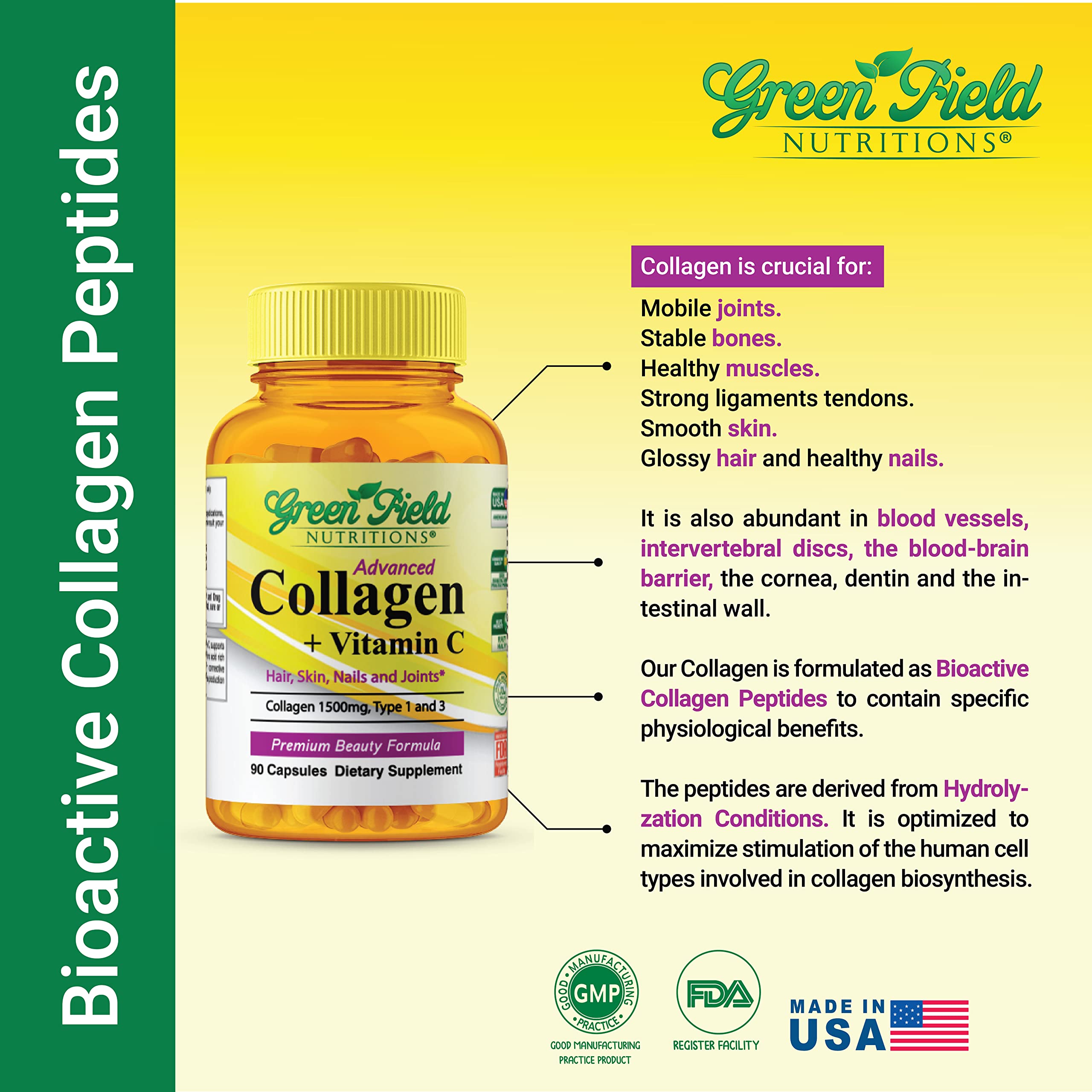 Greenfield Nutritions Halal Collagen Peptides 1500 mg Type I & III + Vitamin C 300 mg | 90 Capsules