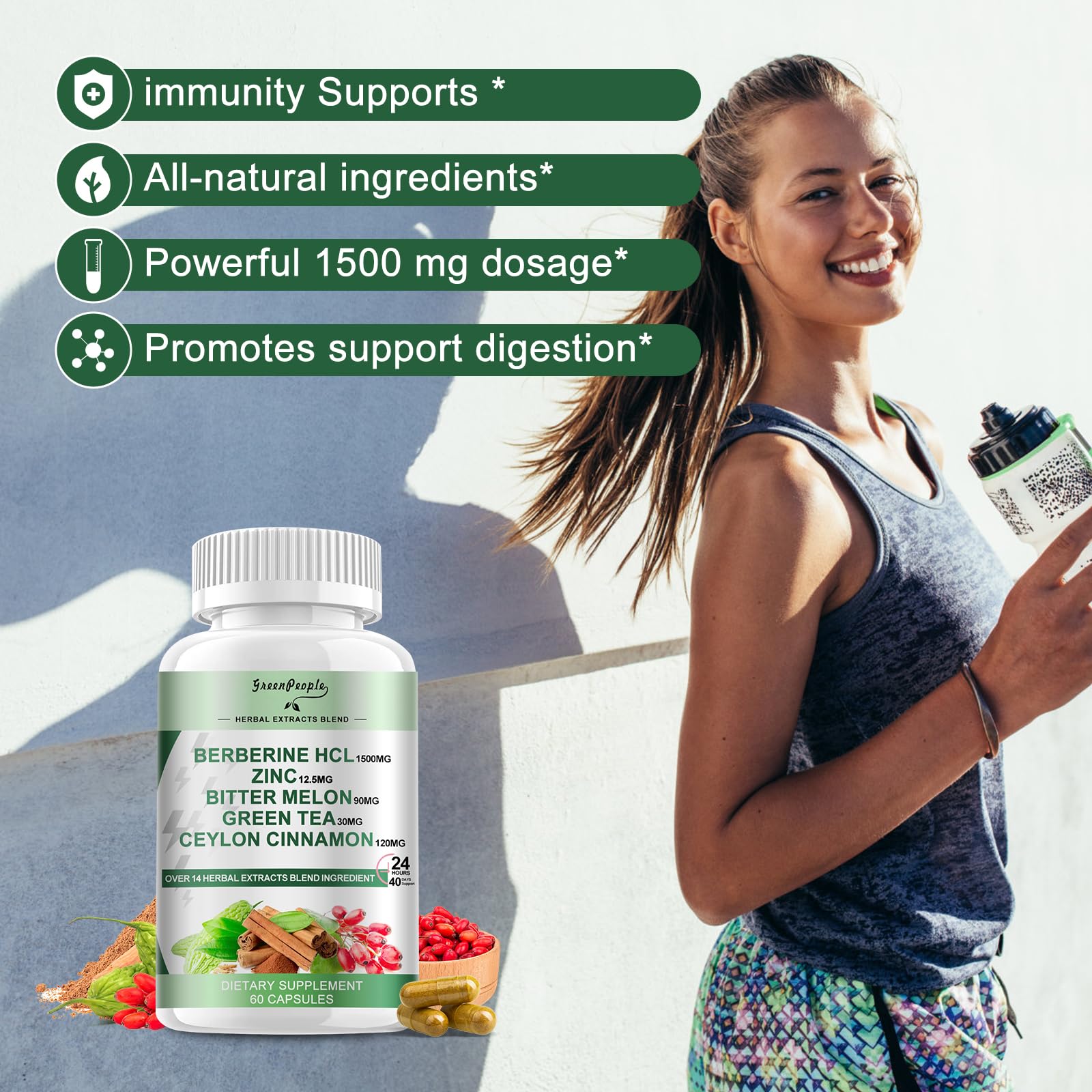 GREENPEOPLE Berberine Supplement with Ceylon Cinnamon - 1500mg Berberine, GLP-1 & AMPK Activation, Immune Support (60 Count)