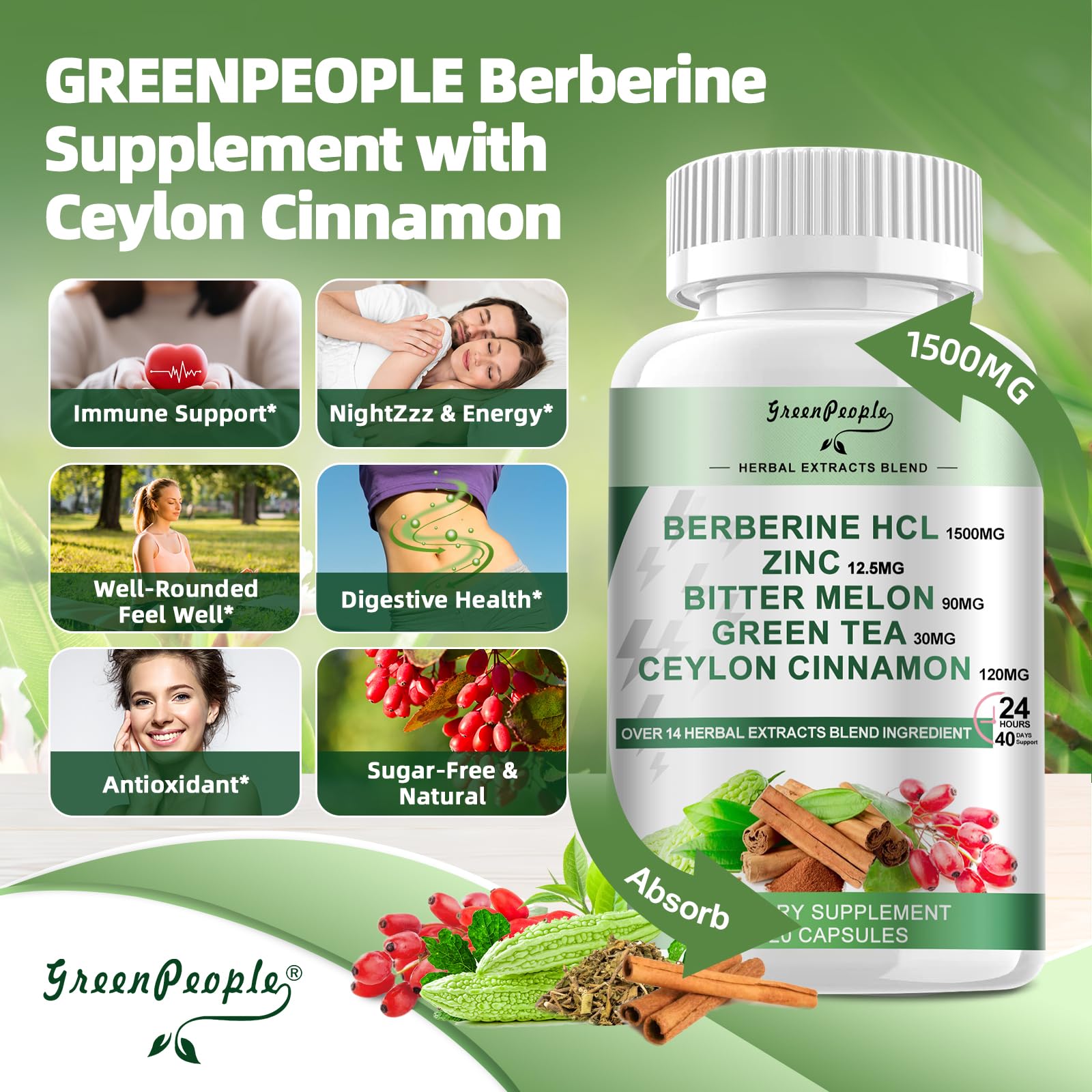 GREENPEOPLE Berberine with Cinnamon – 2 Pack, 120-Count