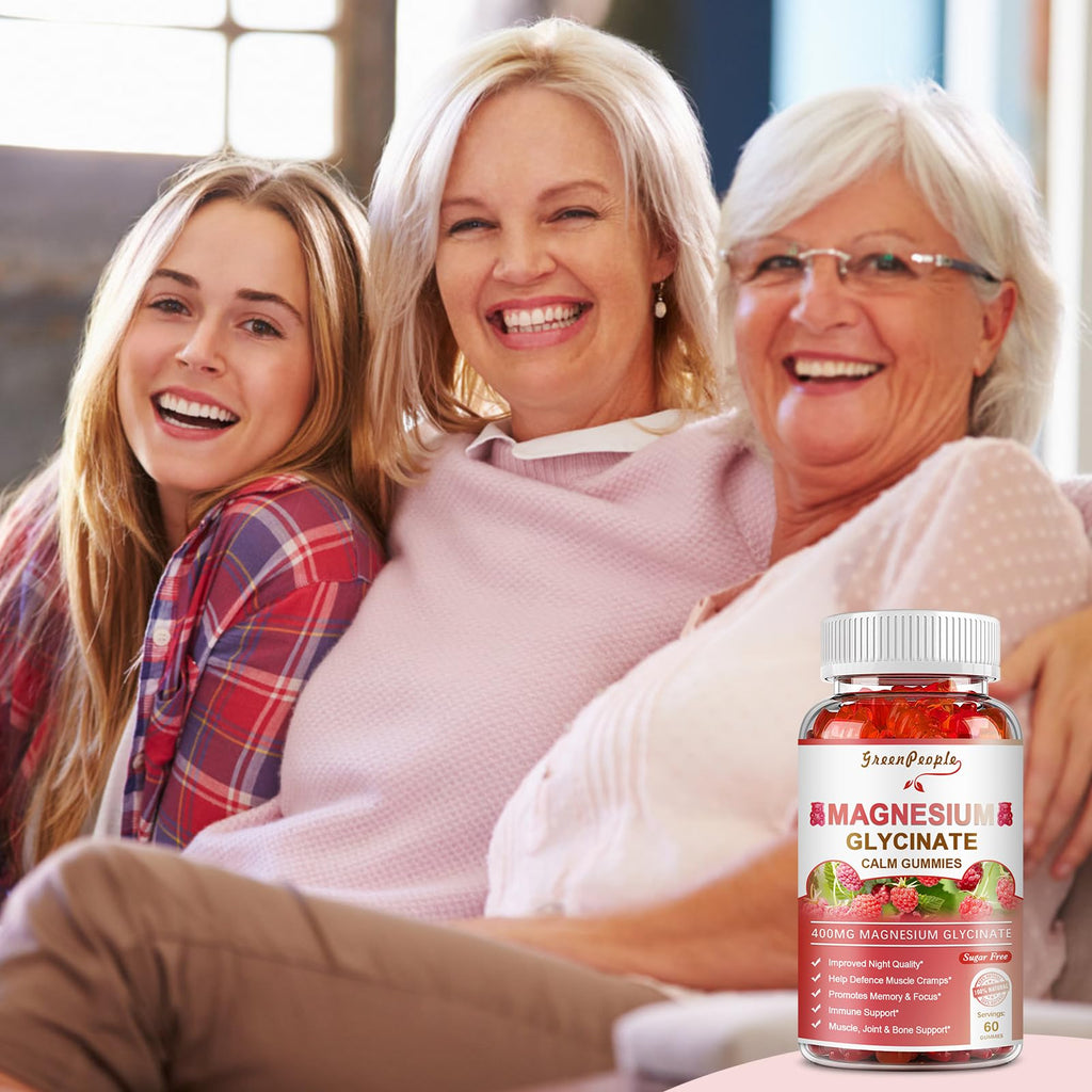 GREENPEOPLE Magnesium Glycinate Gummies 400mg — Sugar Free Raspberry Flavor, Vitamin D & B6 for Calm Support