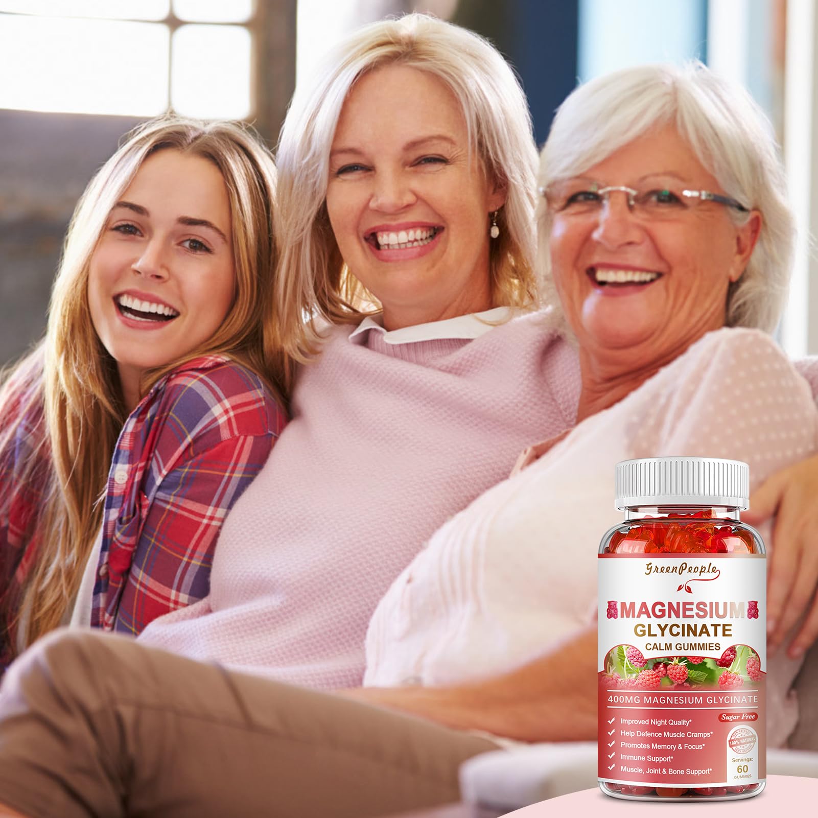 GREENPEOPLE Magnesium Glycinate Gummies 400mg — Sugar Free Raspberry Flavor, Vitamin D & B6 for Calm Support