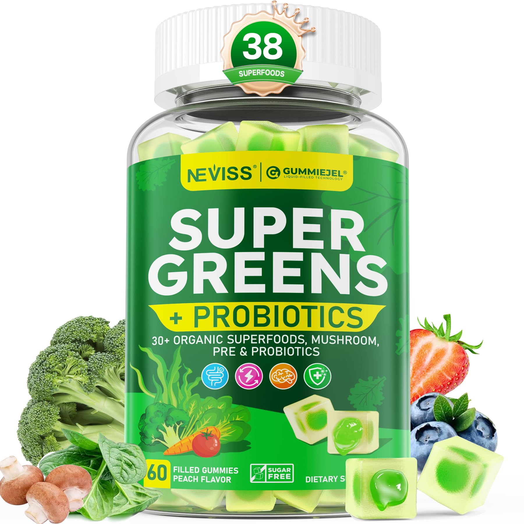 Organic Super Greens Gummies + Probiotics – Spirulina, Chlorella, Spinach, Mushrooms, Sugar Free Vegan 60ct