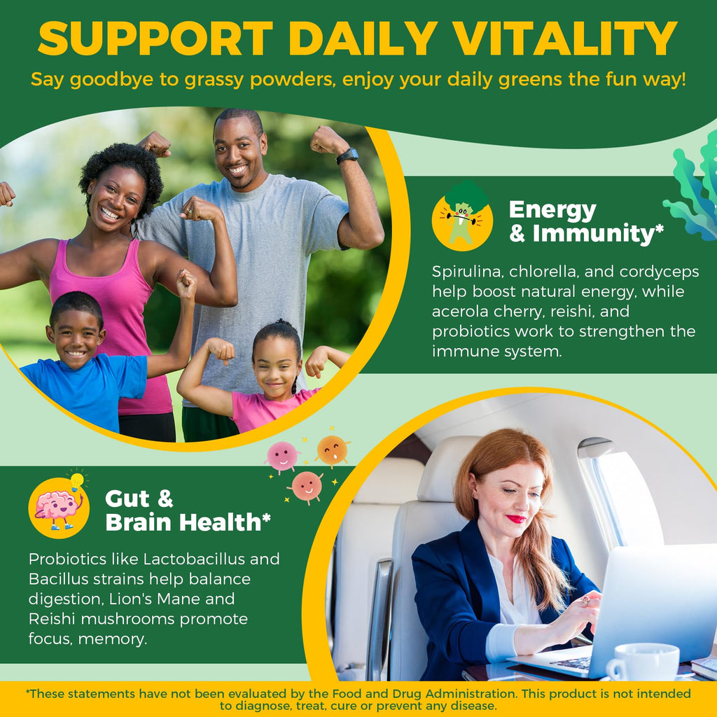 Organic Super Greens Gummies + Probiotics – Spirulina, Chlorella, Spinach, Mushrooms, Sugar Free Vegan 60ct