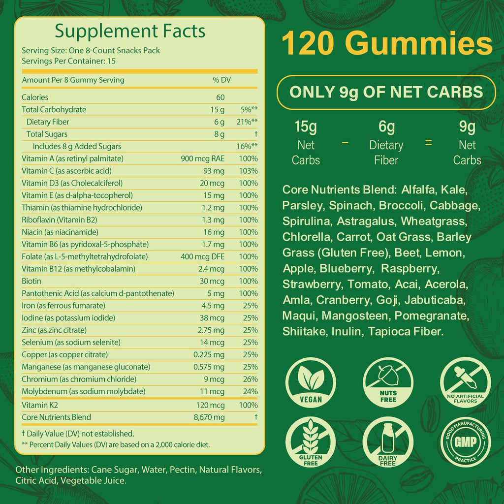 Greens Daily Gummies – Superfood Greens Multivitamin for Digestive Health & Immune Support | Non-GMO, 120 Count