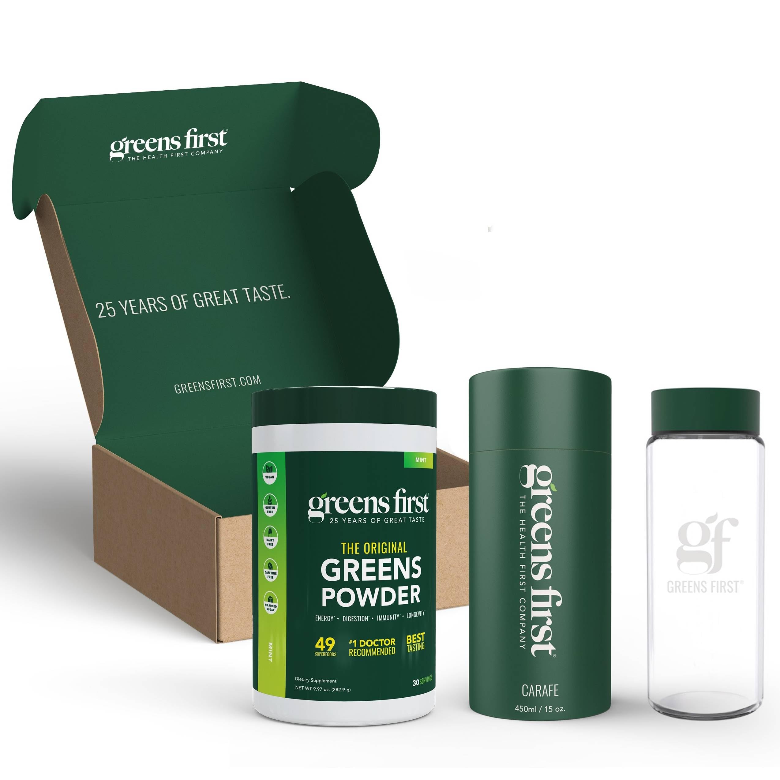 Greens First Gift Set - Limited Edition 25th Anniversary Glass Carafe & Mint Greens Powder (49 Superfoods)
