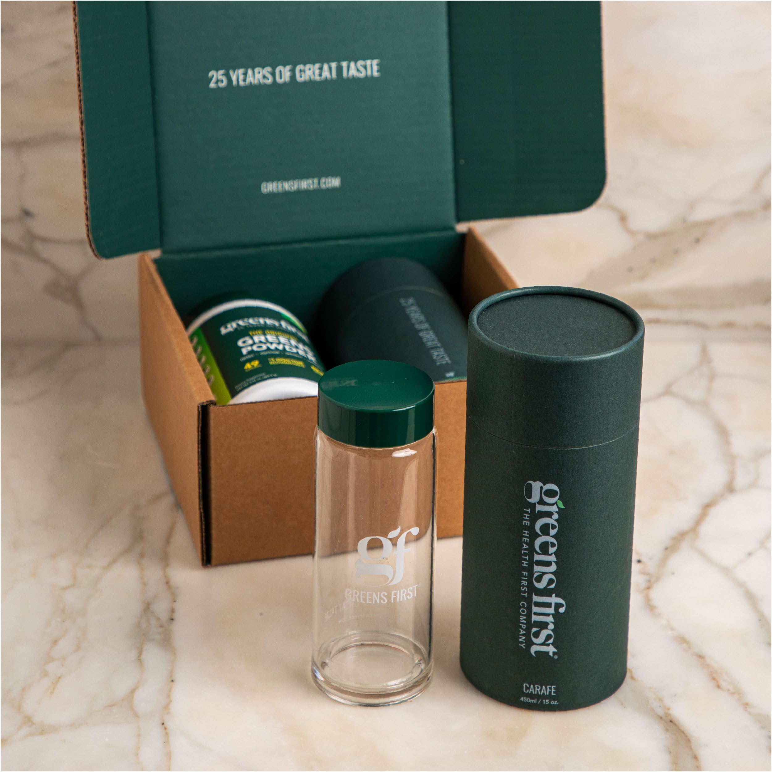Greens First Gift Set - Limited Edition 25th Anniversary Glass Carafe & Mint Greens Powder (49 Superfoods)