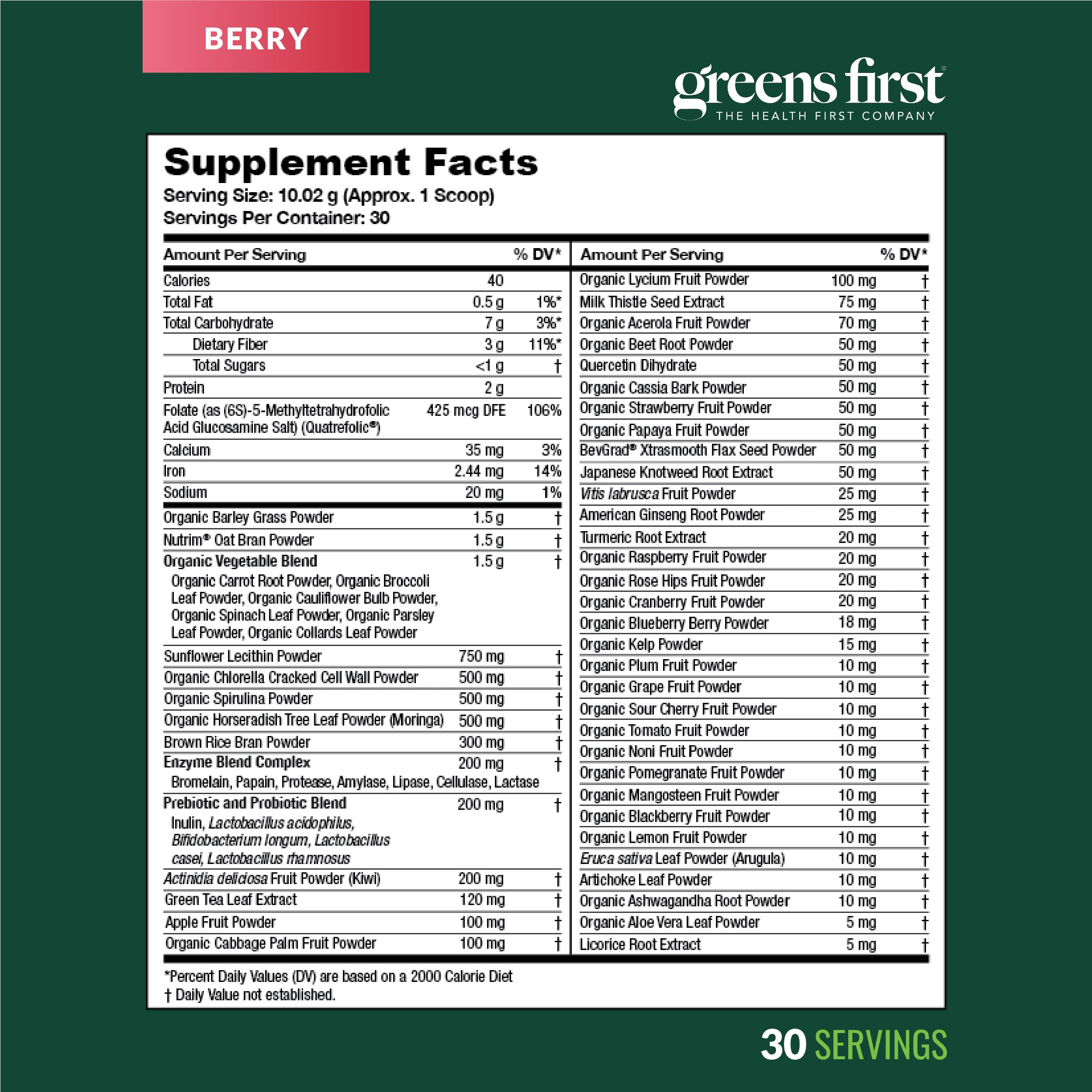 Greens First Original Greens Powder - 49 Superfoods, Berry, 30 Servings