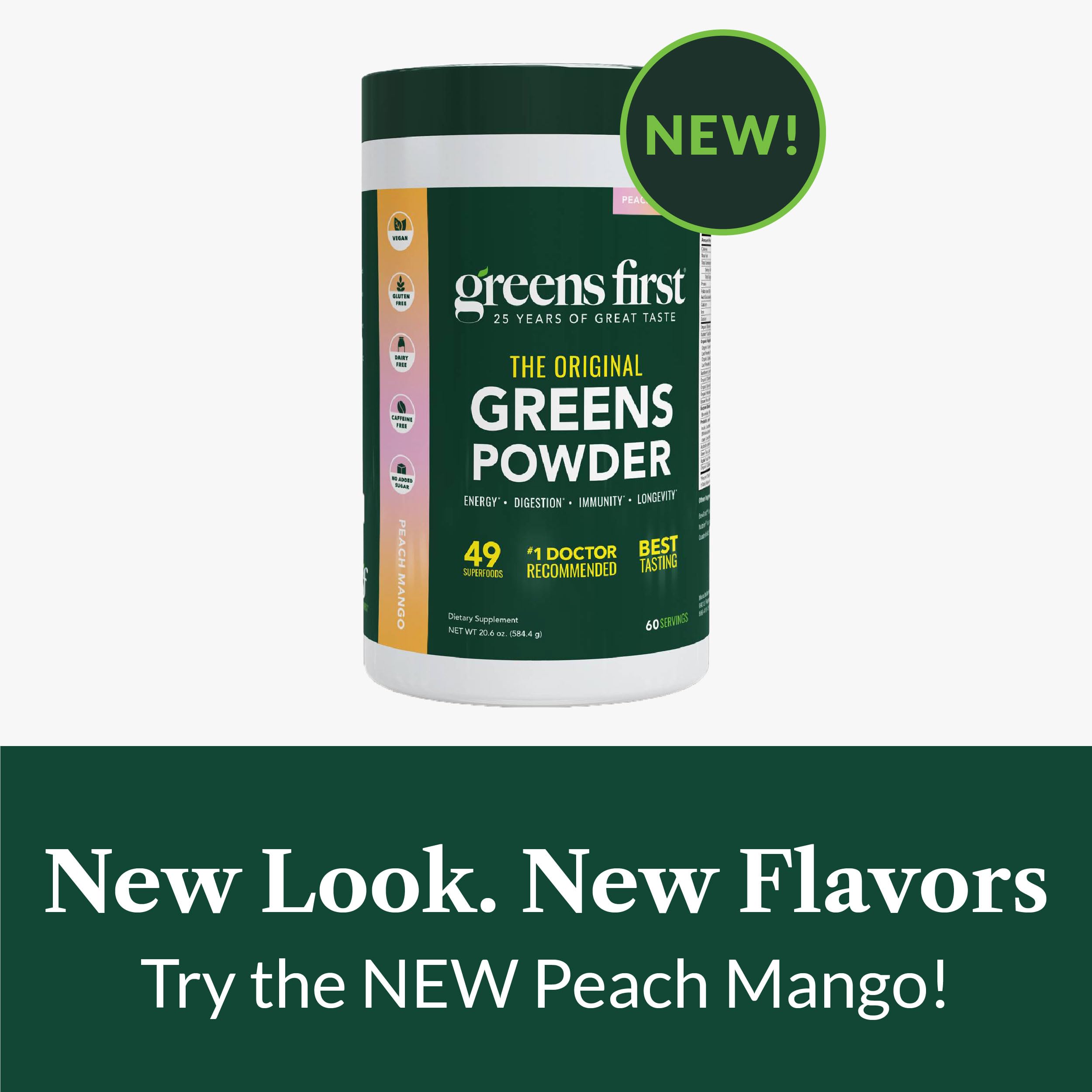 Greens First Original Greens Powder – 49 Superfoods, Peach Mango, 60 Servings