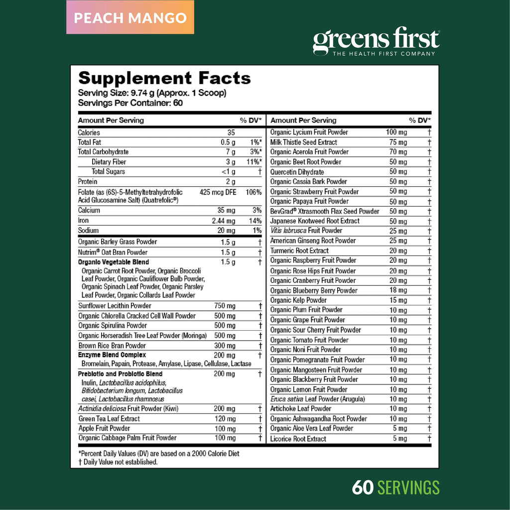 Greens First Original Greens Powder – 49 Superfoods, Peach Mango, 60 Servings