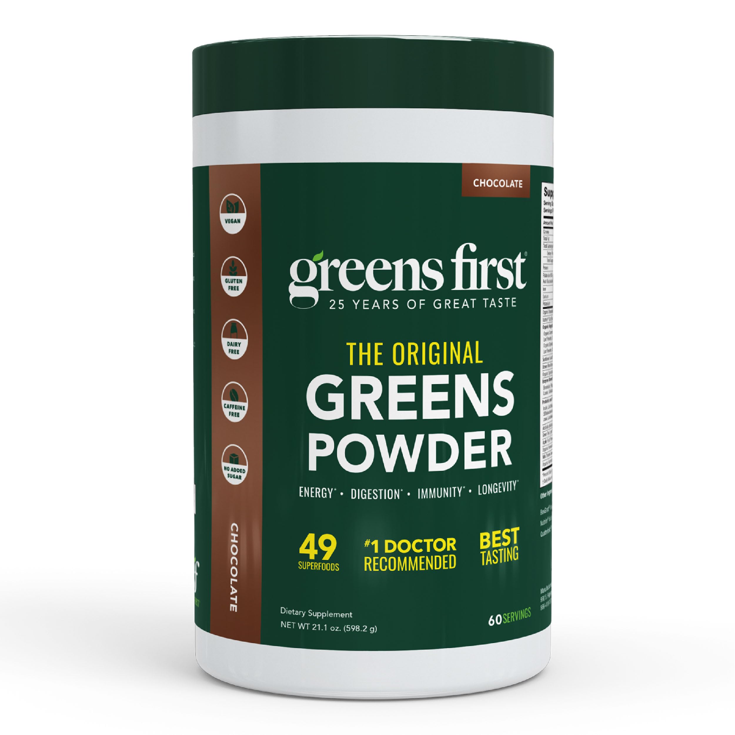 Greens First Original Greens Powder - 49 Superfoods, Chocolate, 60 Servings | Vegan & Non-GMO