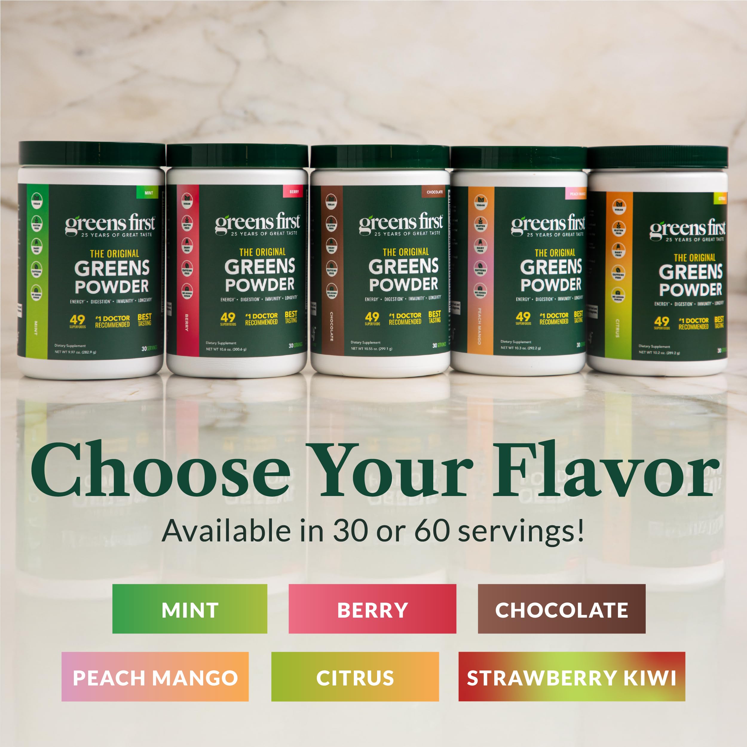 Greens First Original Greens Powder – 49 Superfoods, Peach Mango, 60 Servings