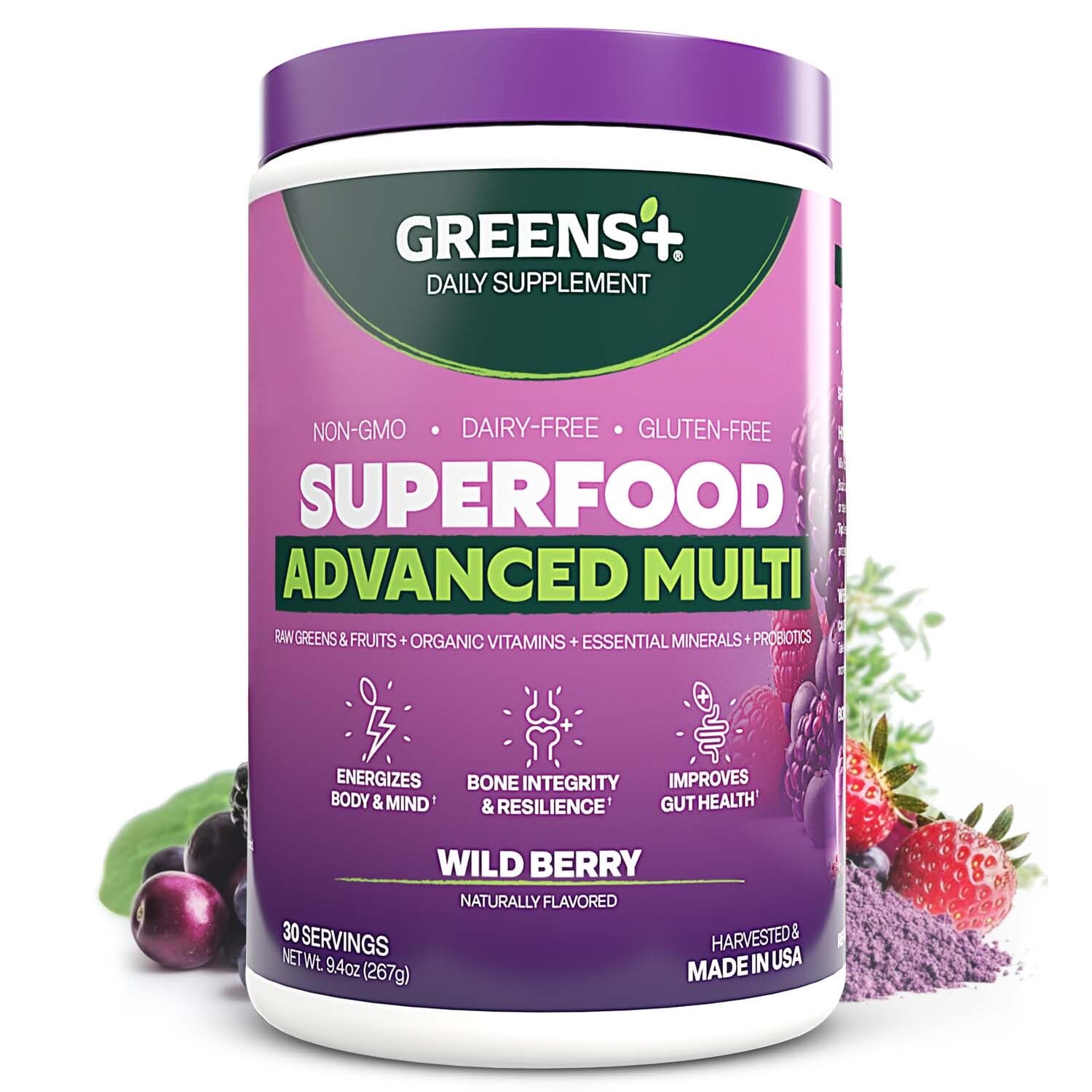 Greens+ Advanced Multi Wild Berry Superfood Powder – Organic, Vegan, Non-GMO (9.4 oz)