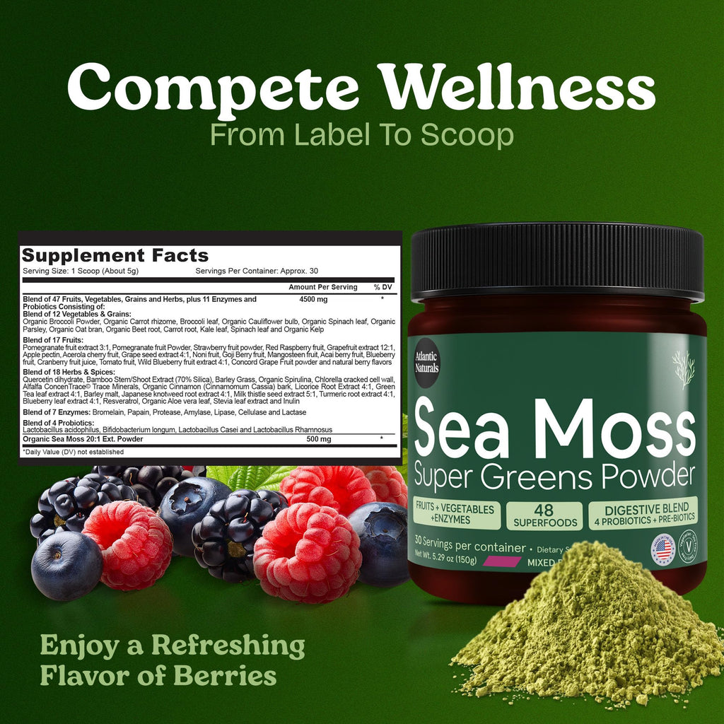Atlantic Naturals Sea Moss Super Greens Powder – Mixed Berry (12 Veg, 15 Fruits, Probiotics, 16 Herbs)
