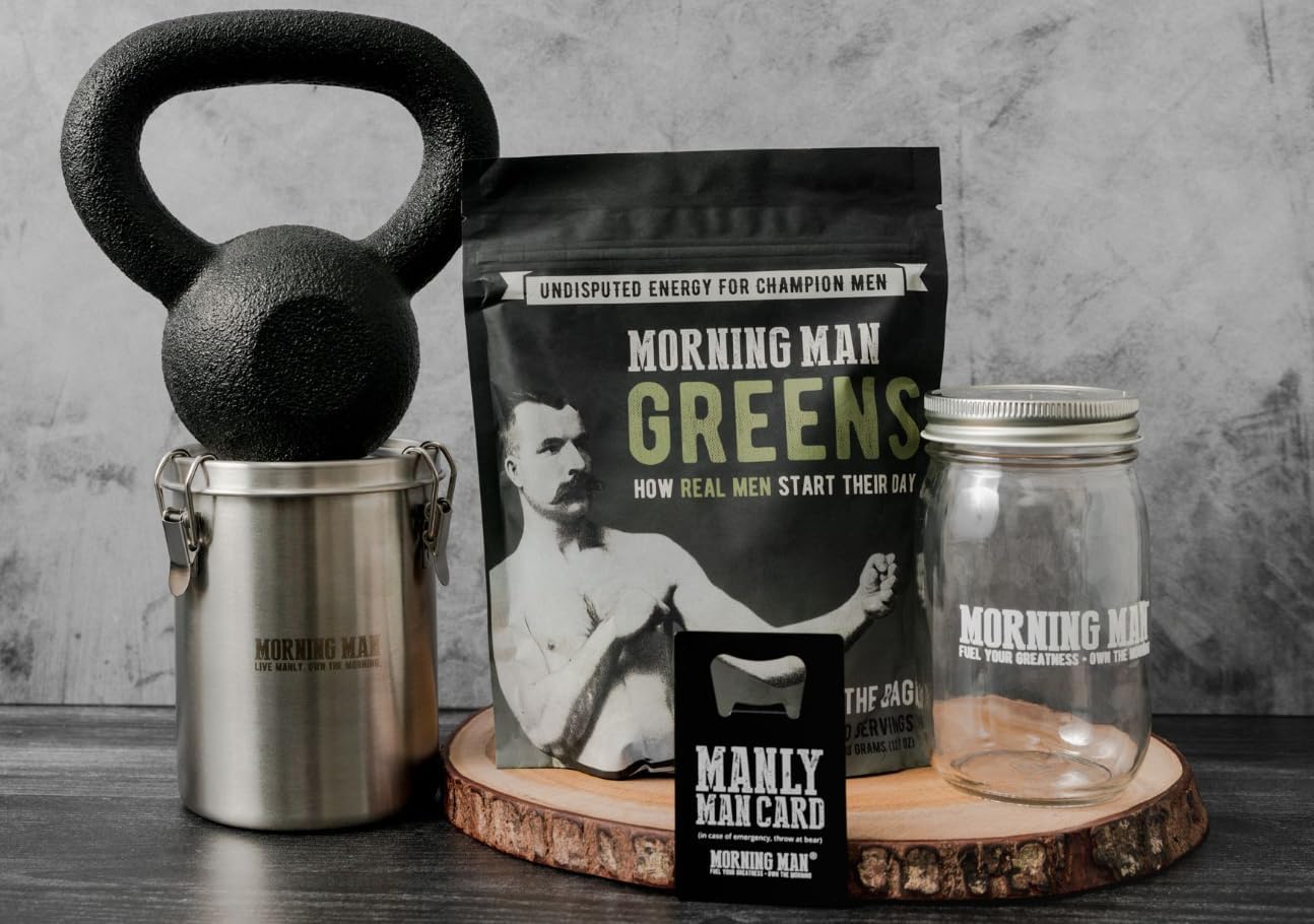 Morning Man Greens Probiotic Superfood Mix – 95mg Caffeine, 75+ Vitamins, Gluten Free, Vegan, 30 Servings
