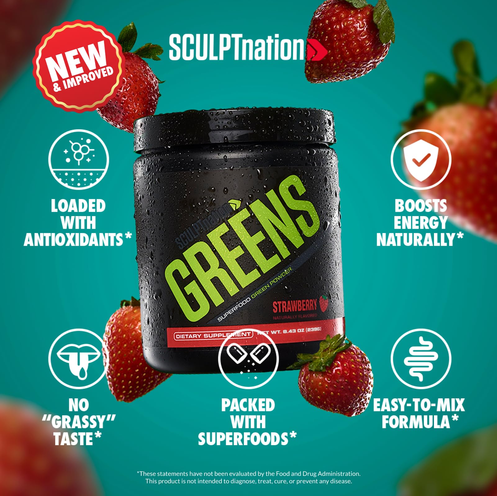 Sculpt Nation Greens Strawberry Powder with Collagen – Skin, Digestion & Energy