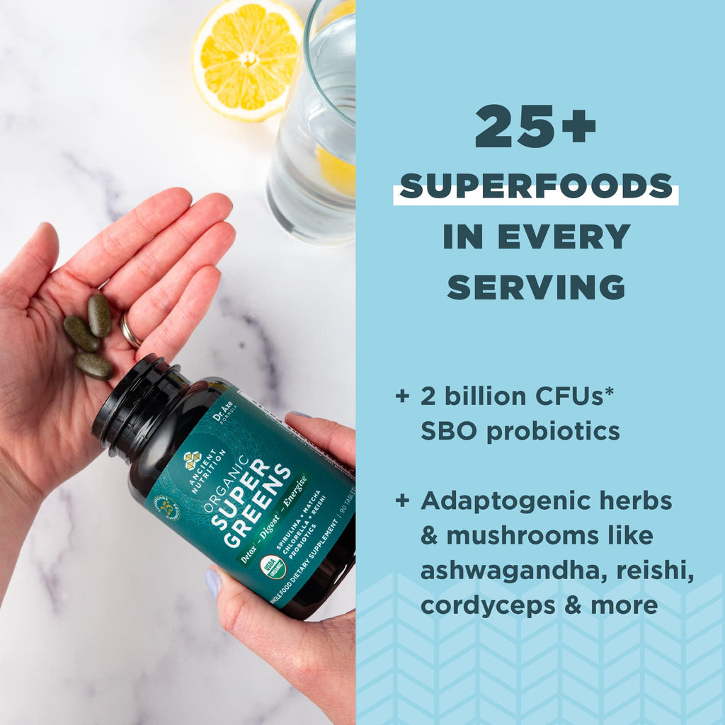 Ancient Nutrition Organic SuperGreens with Probiotics – 90 Count Tablets | 30 Servings
