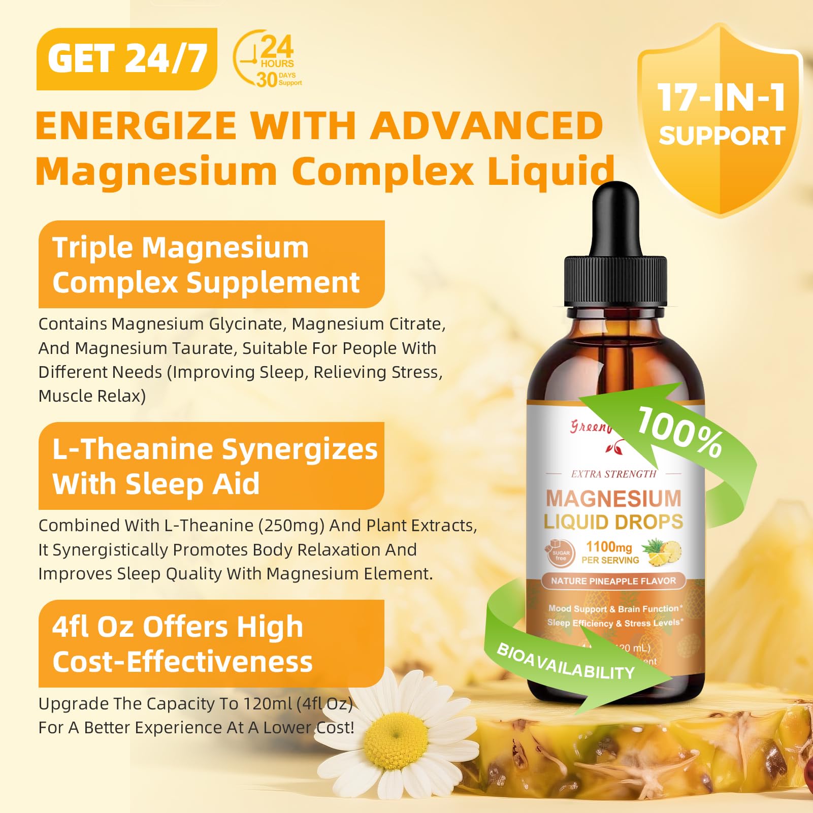 GREENPEOPLE 17-in-1 Magnesium Drops – Pineapple Flavor, 2 Pack, 4 oz
