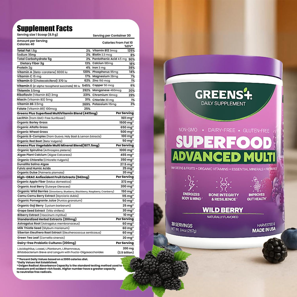 Greens+ Advanced Multi Wild Berry Superfood Powder – Organic, Vegan, Non-GMO (9.4 oz)