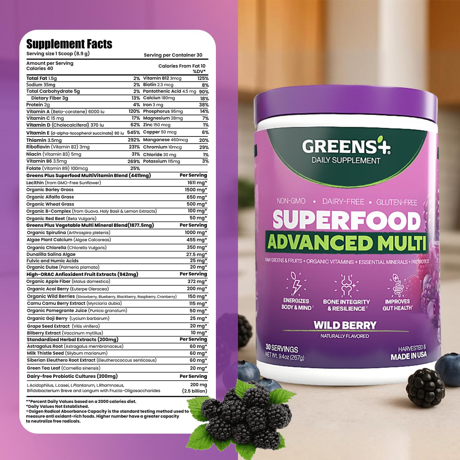 Greens+ Advanced Multi Wild Berry Superfood Powder – Organic, Vegan, Non-GMO (9.4 oz)